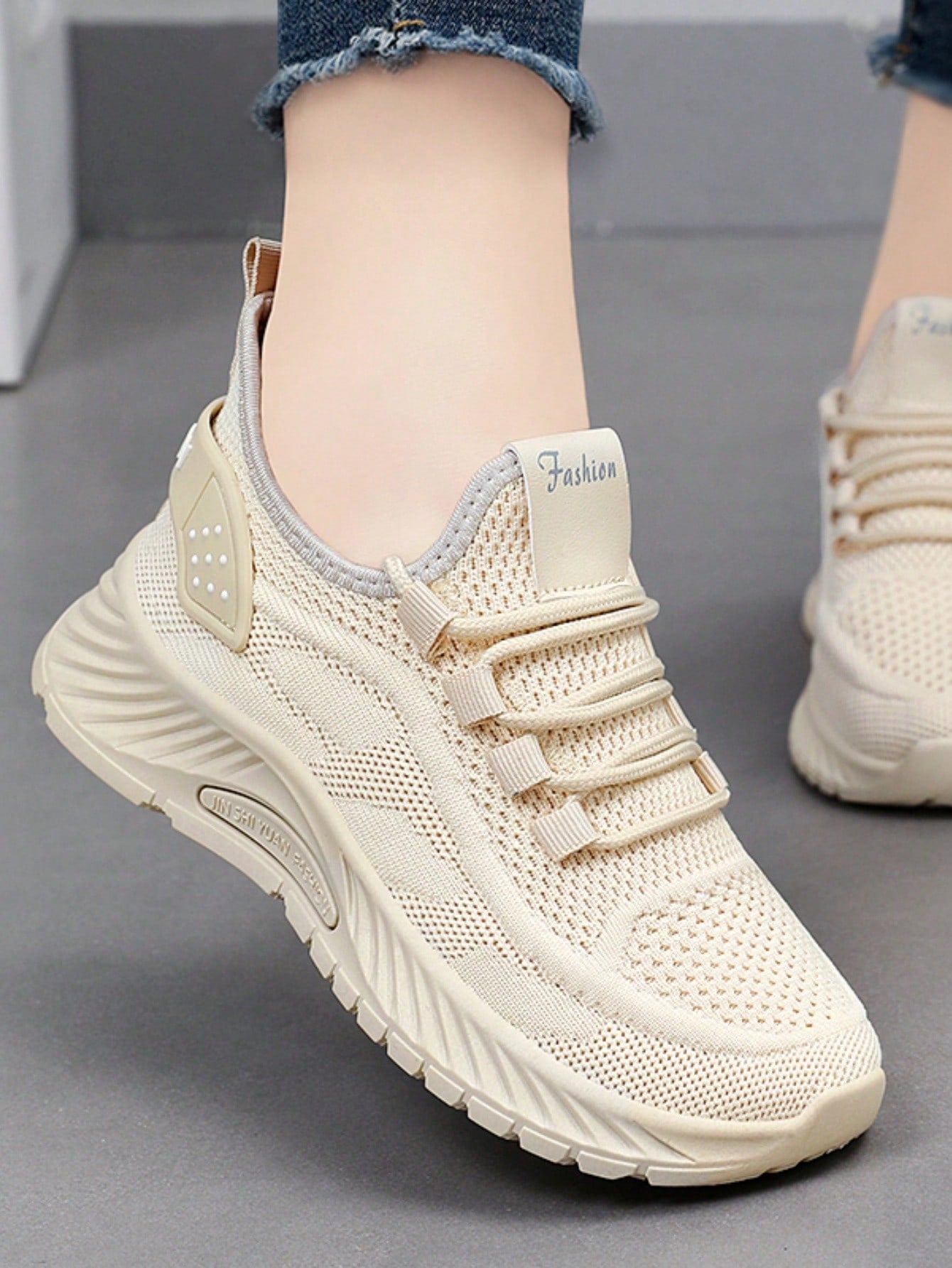 New Season Running Shoes For Women, Lightweight, Comfortable, Shock-Absorbing, Non-Slip, Breathable, Knitted, Casual Athletic Sneakers, Walking Shoes-Beige-3