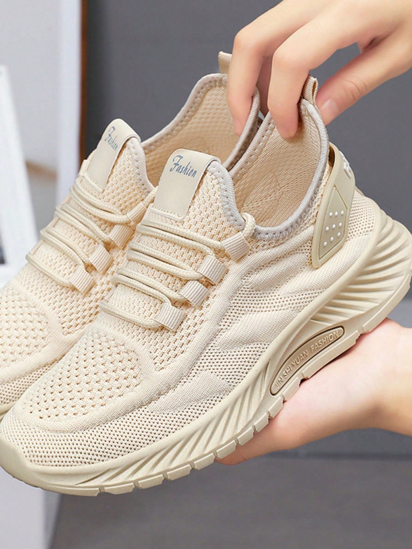 New Season Running Shoes For Women, Lightweight, Comfortable, Shock-Absorbing, Non-Slip, Breathable, Knitted, Casual Athletic Sneakers, Walking Shoes-Beige-2