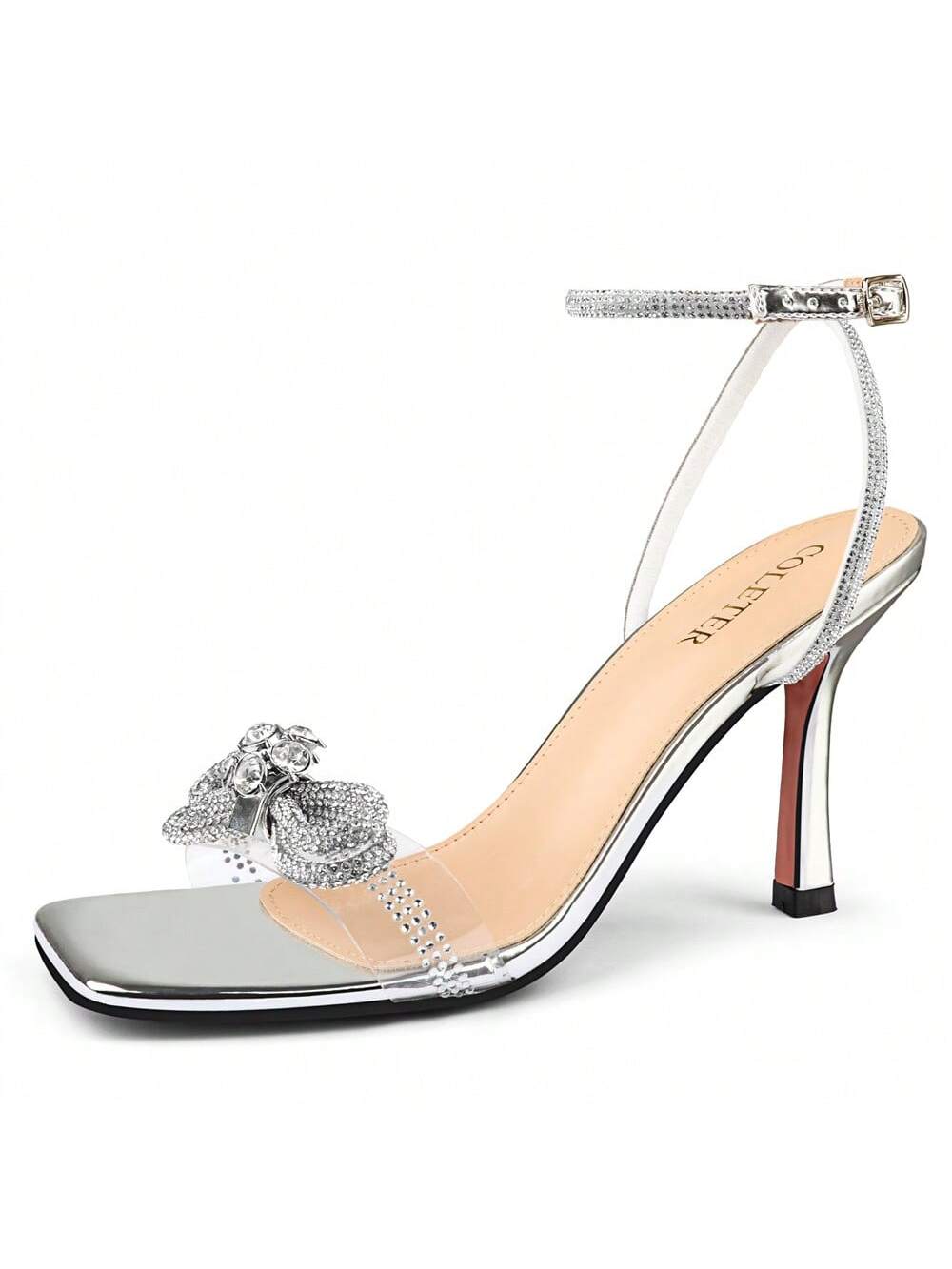 COLETER Womens Clear Rhinestones Bow Heels Sandals Slingback Lace Up Stilettos Square Toe Wedding Dress Shoes-Silver-1