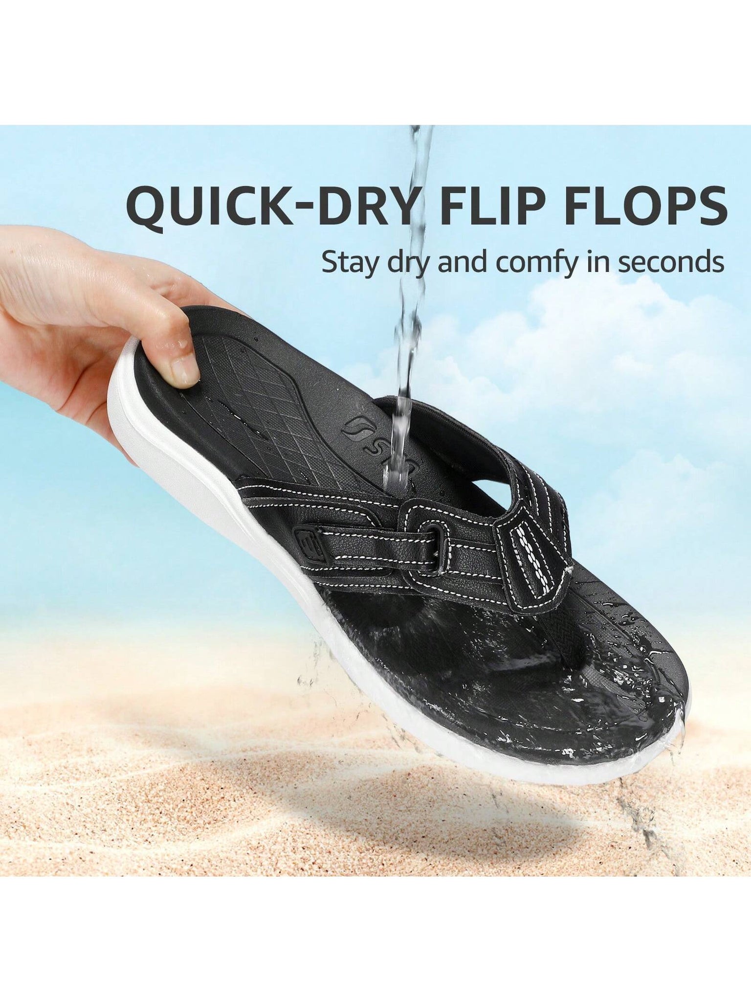 STQ Flip Flops For Women Adjustable Beach Sandals-Black and White-1