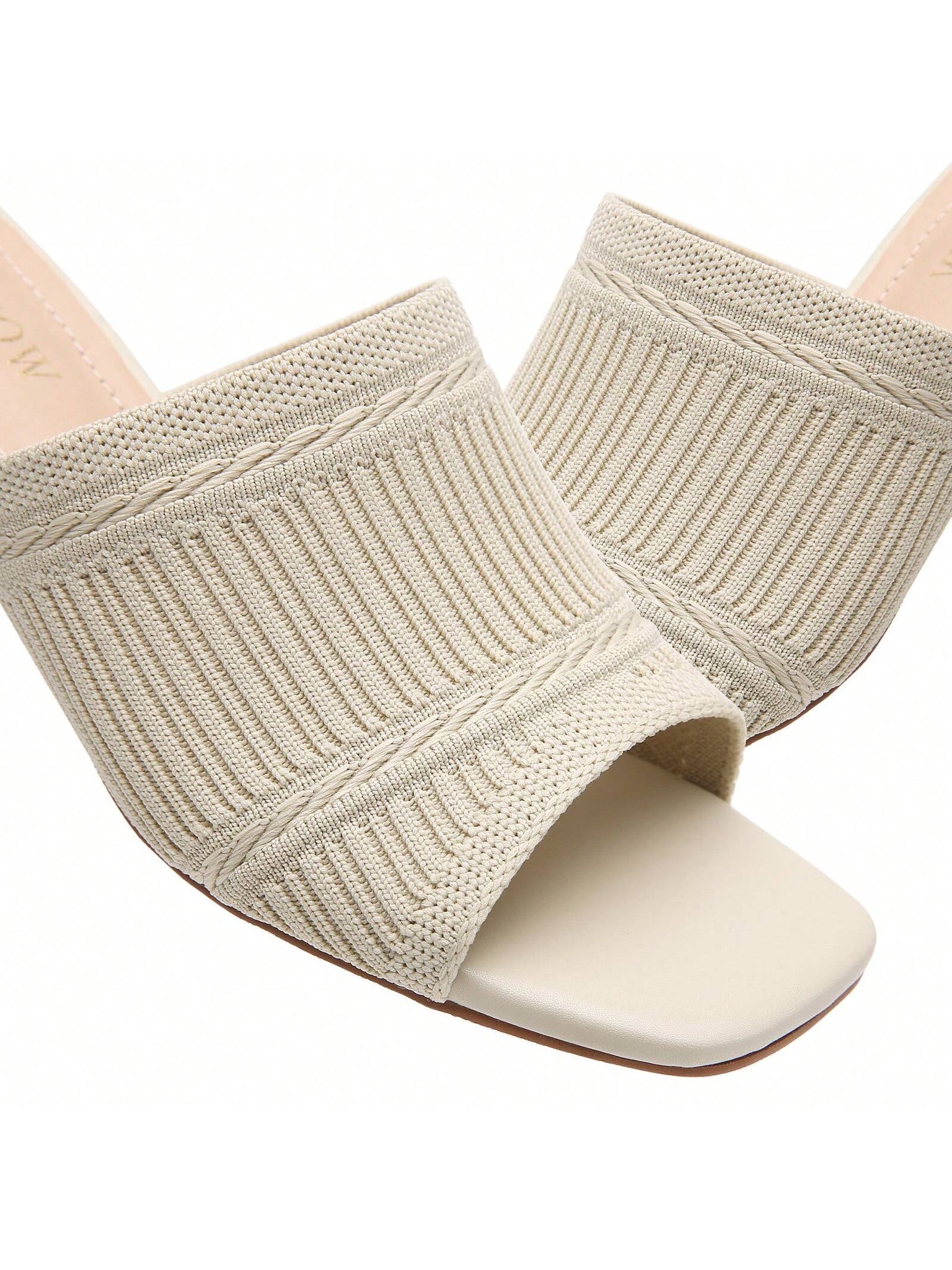 Tilocow Knit Heeled Sandals Chunky Low Block Heel Mules For Women Square Open Toe Heels Slip On Breathable Slides Sandal-Beige-8