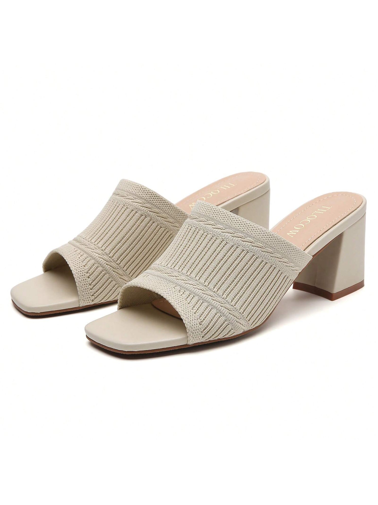 Tilocow Knit Heeled Sandals Chunky Low Block Heel Mules For Women Square Open Toe Heels Slip On Breathable Slides Sandal-Beige-6