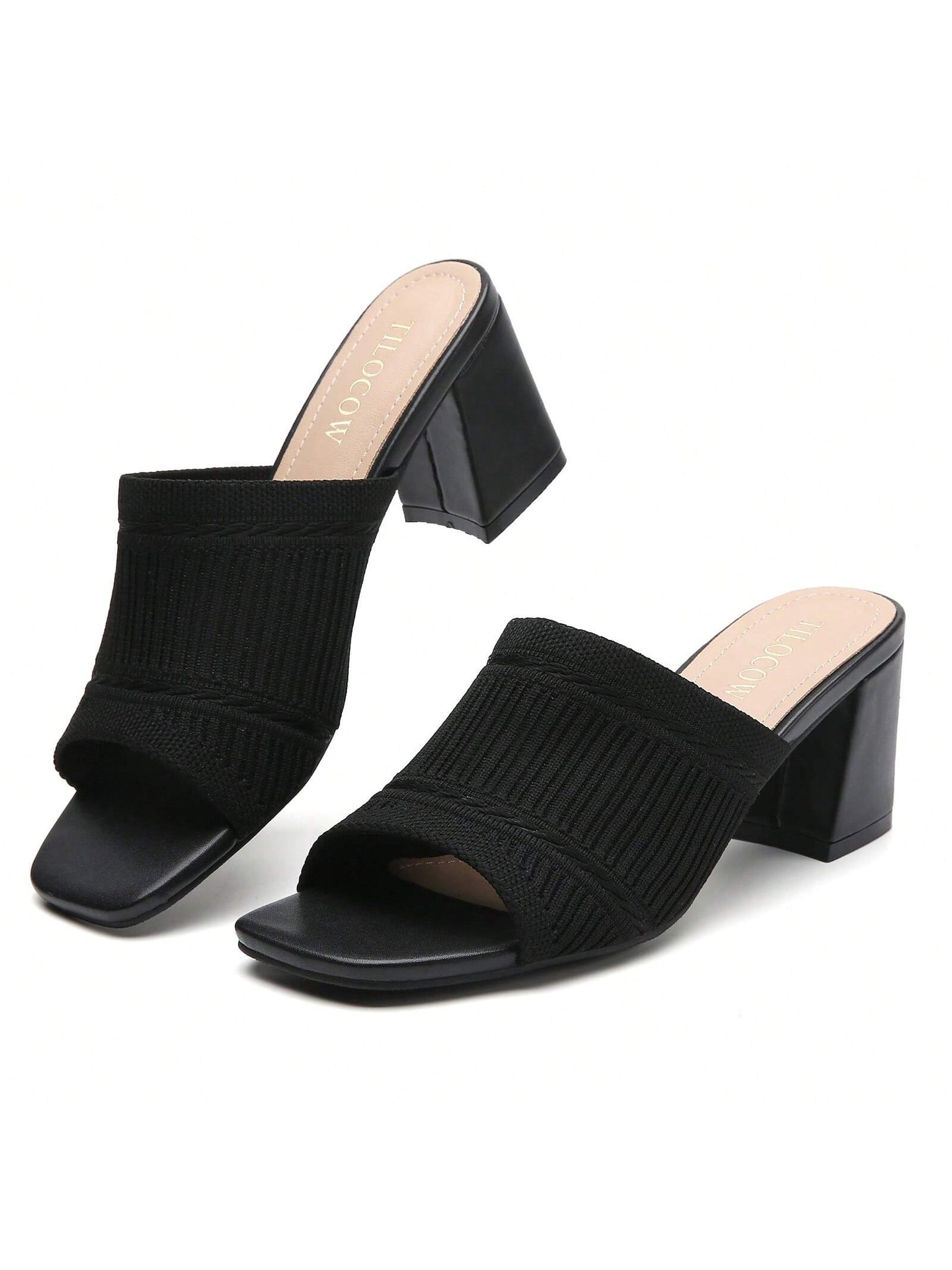 Tilocow Knit Heeled Sandals Chunky Low Block Heel Mules For Women Square Open Toe Heels Slip On Breathable Slides Sandal-Black-2