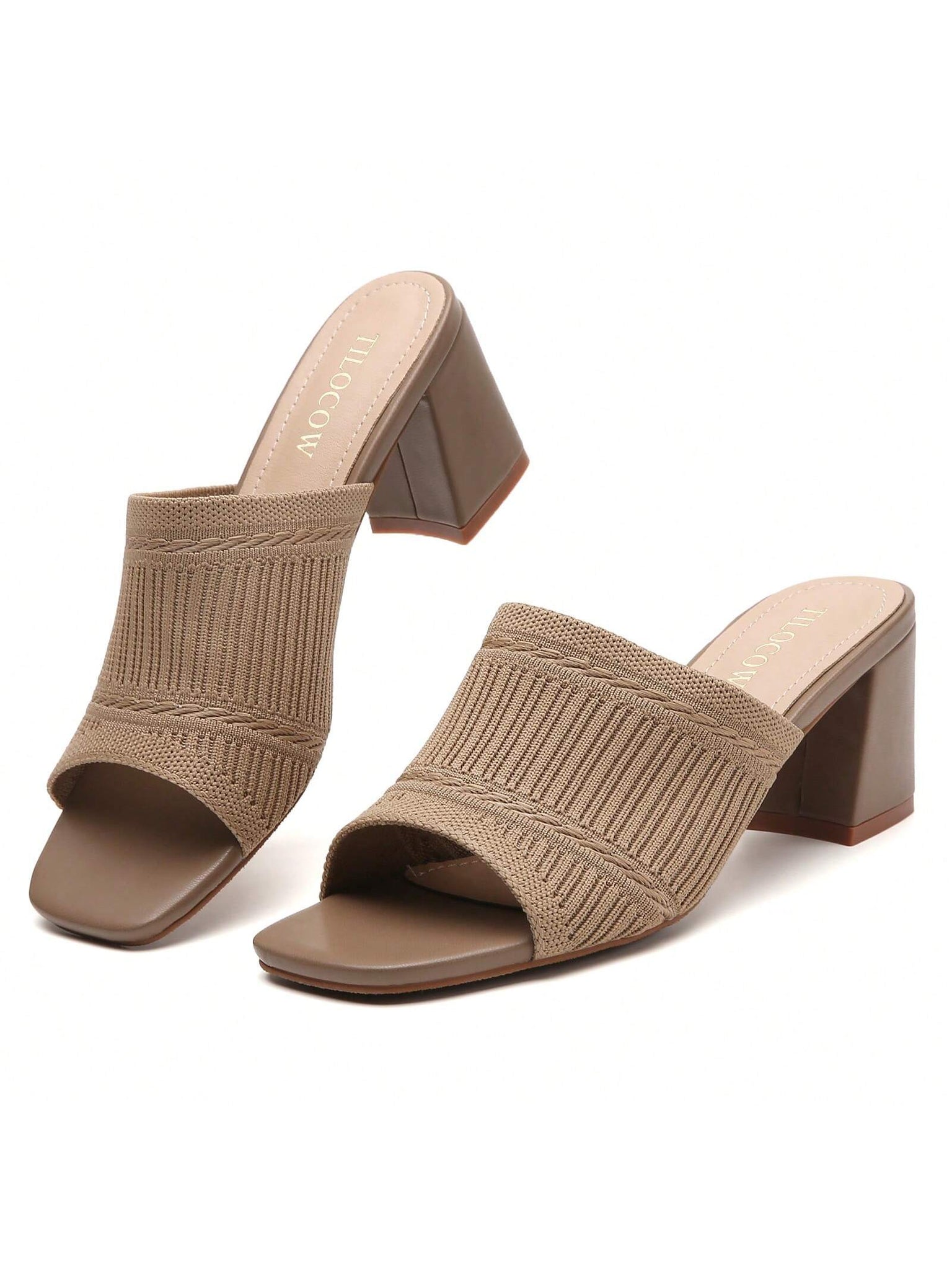 Tilocow Knit Heeled Sandals Chunky Low Block Heel Mules For Women Square Open Toe Heels Slip On Breathable Slides Sandal-Brown-2