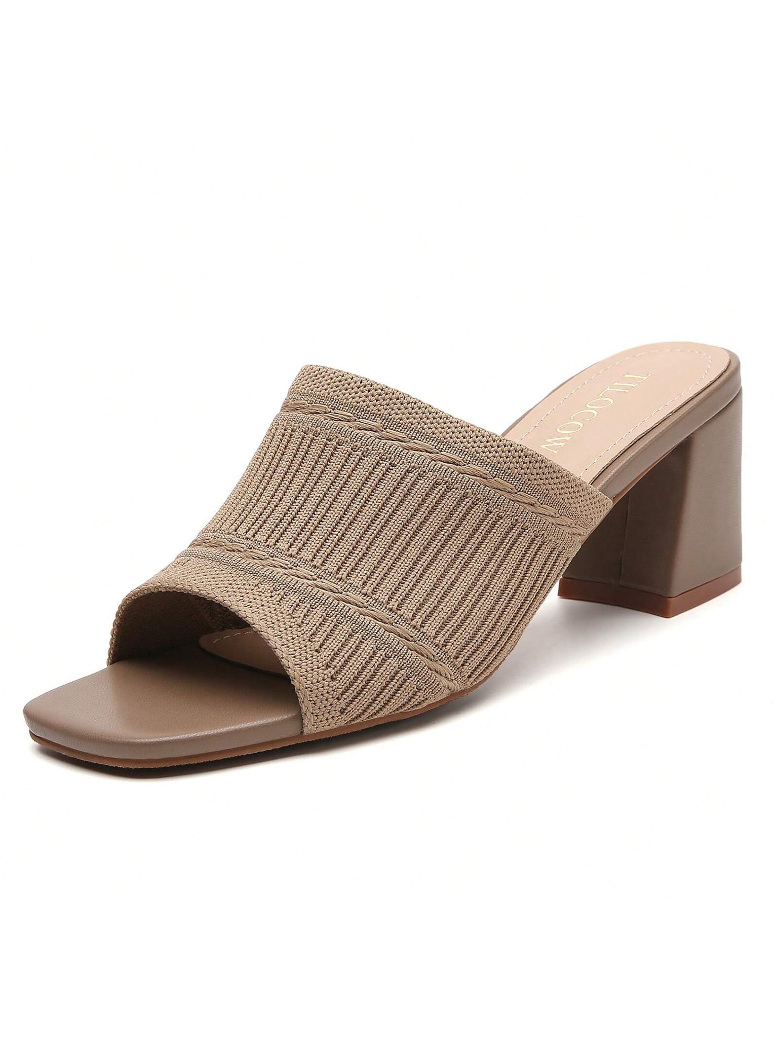 Tilocow Knit Heeled Sandals Chunky Low Block Heel Mules For Women Square Open Toe Heels Slip On Breathable Slides Sandal-Brown-1
