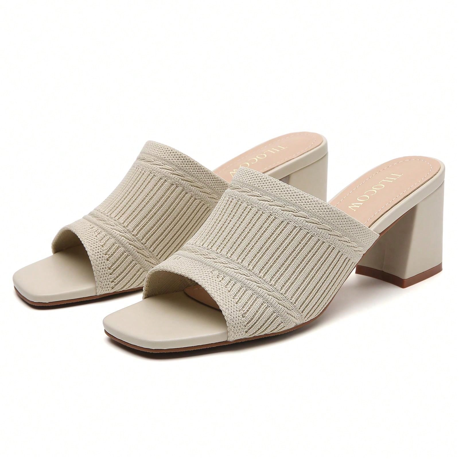 Tilocow Knit Heeled Sandals Chunky Low Block Heel Mules For Women Square Open Toe Heels Slip On Breathable Slides Sandal-Beige-13