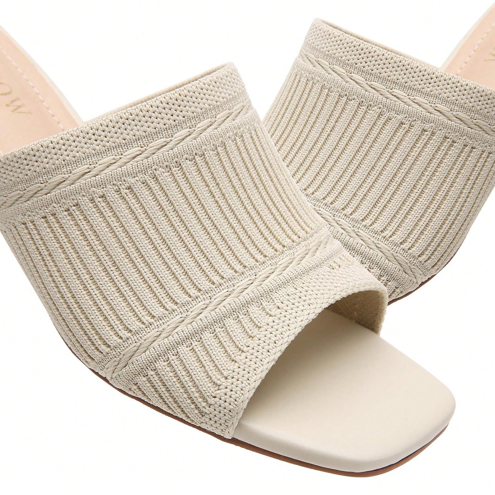 Tilocow Knit Heeled Sandals Chunky Low Block Heel Mules For Women Square Open Toe Heels Slip On Breathable Slides Sandal-Beige-15