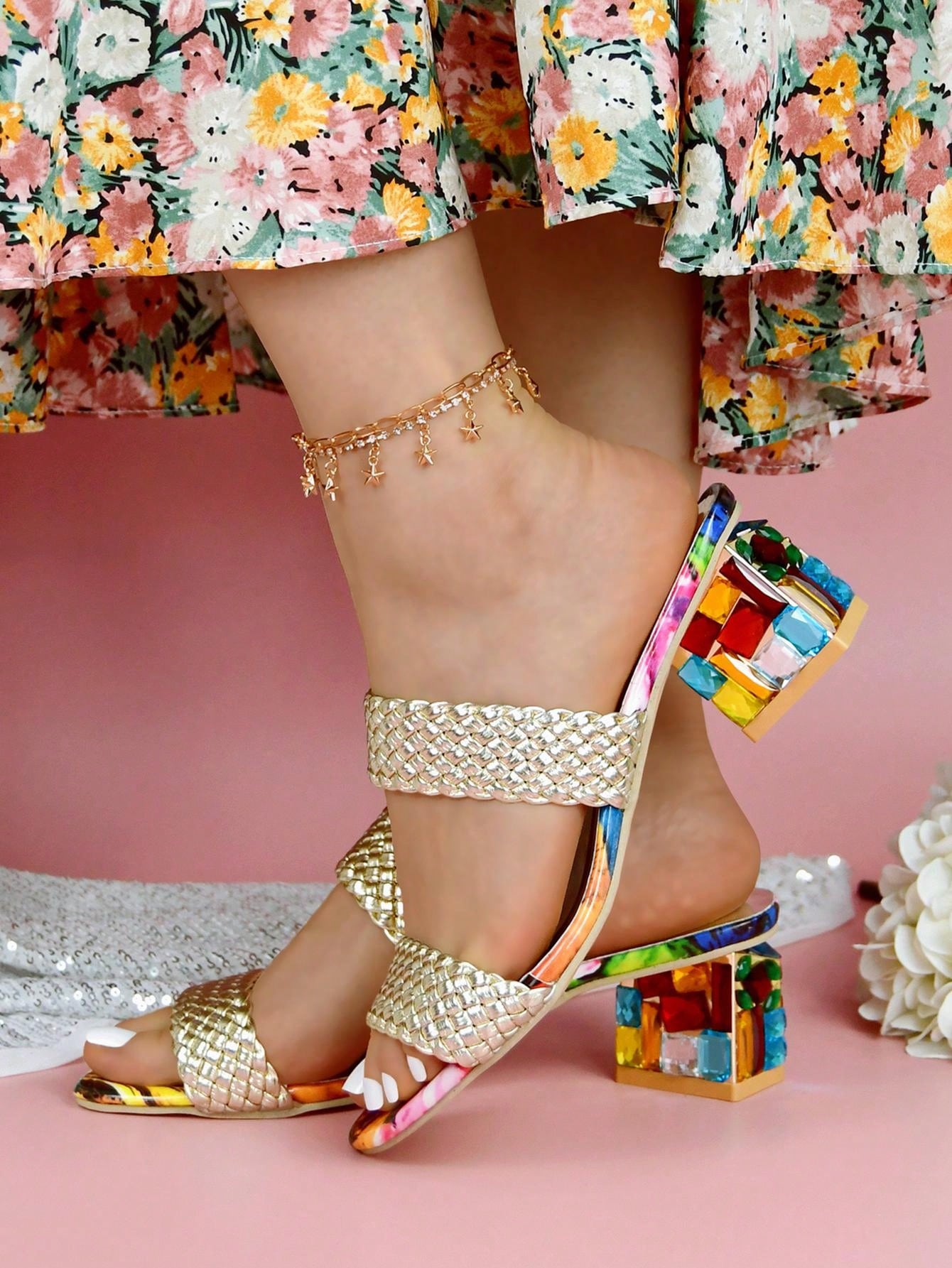 Women Chunky High Heel Sandals Colored Rhinestone Fashionable And Elegant Sandals-Golden Braid-1
