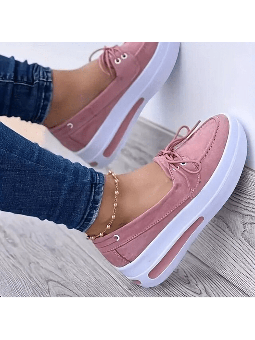 Women Block Shoes Slip On Closed Toe Platform Flat Wedge Casual Lace Up Sneakers-Pink-1
