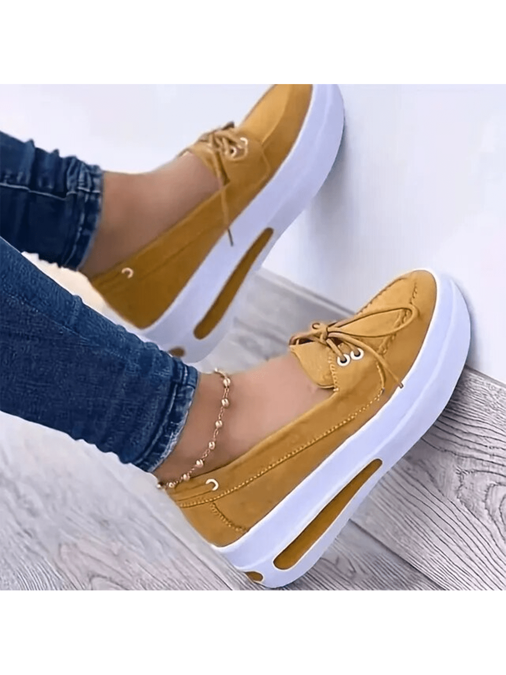 Women Block Shoes Slip On Closed Toe Platform Flat Wedge Casual Lace Up Sneakers-Yellow-1