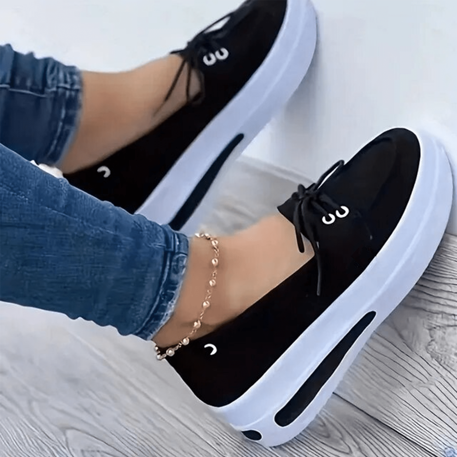 Women Block Shoes Slip On Closed Toe Platform Flat Wedge Casual Lace Up Sneakers-Black-4
