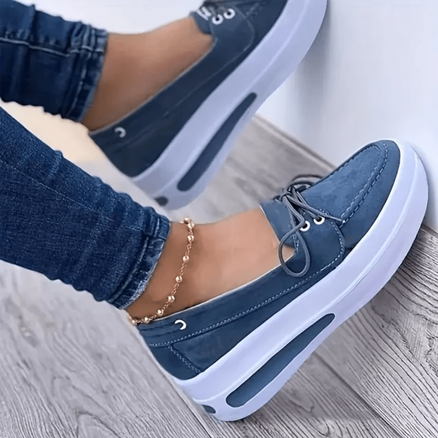 Women Block Shoes Slip On Closed Toe Platform Flat Wedge Casual Lace Up Sneakers-Blue-4