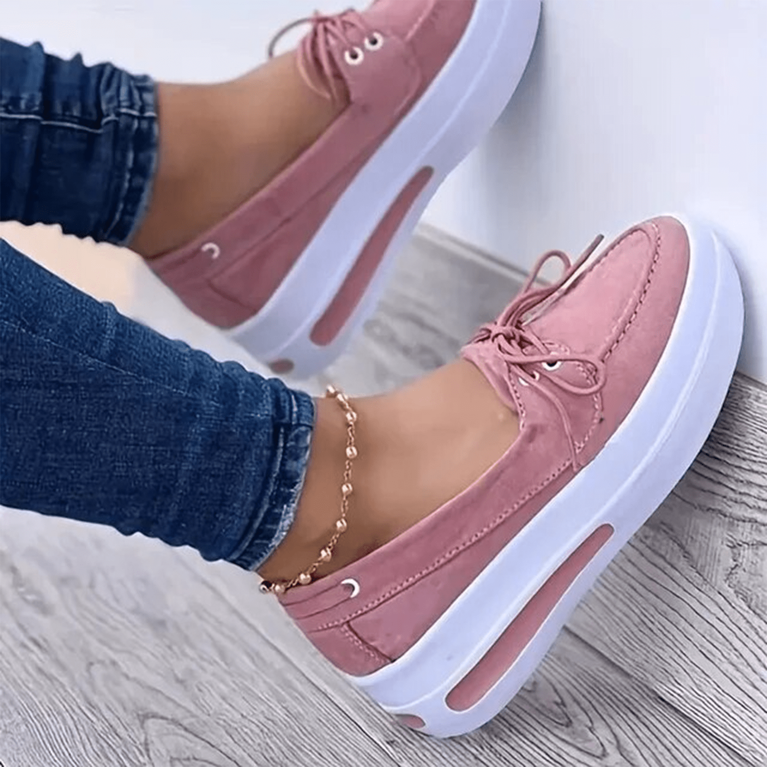 Women Block Shoes Slip On Closed Toe Platform Flat Wedge Casual Lace Up Sneakers-Pink-4