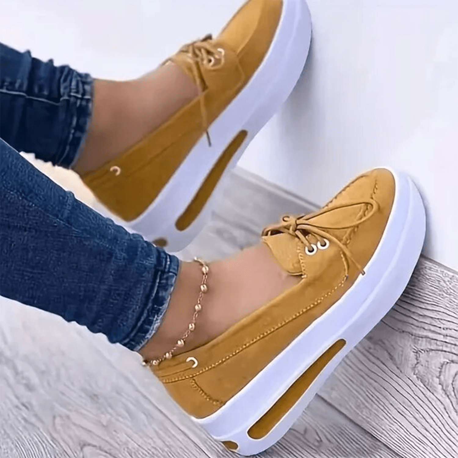 Women Block Shoes Slip On Closed Toe Platform Flat Wedge Casual Lace Up Sneakers-Yellow-4