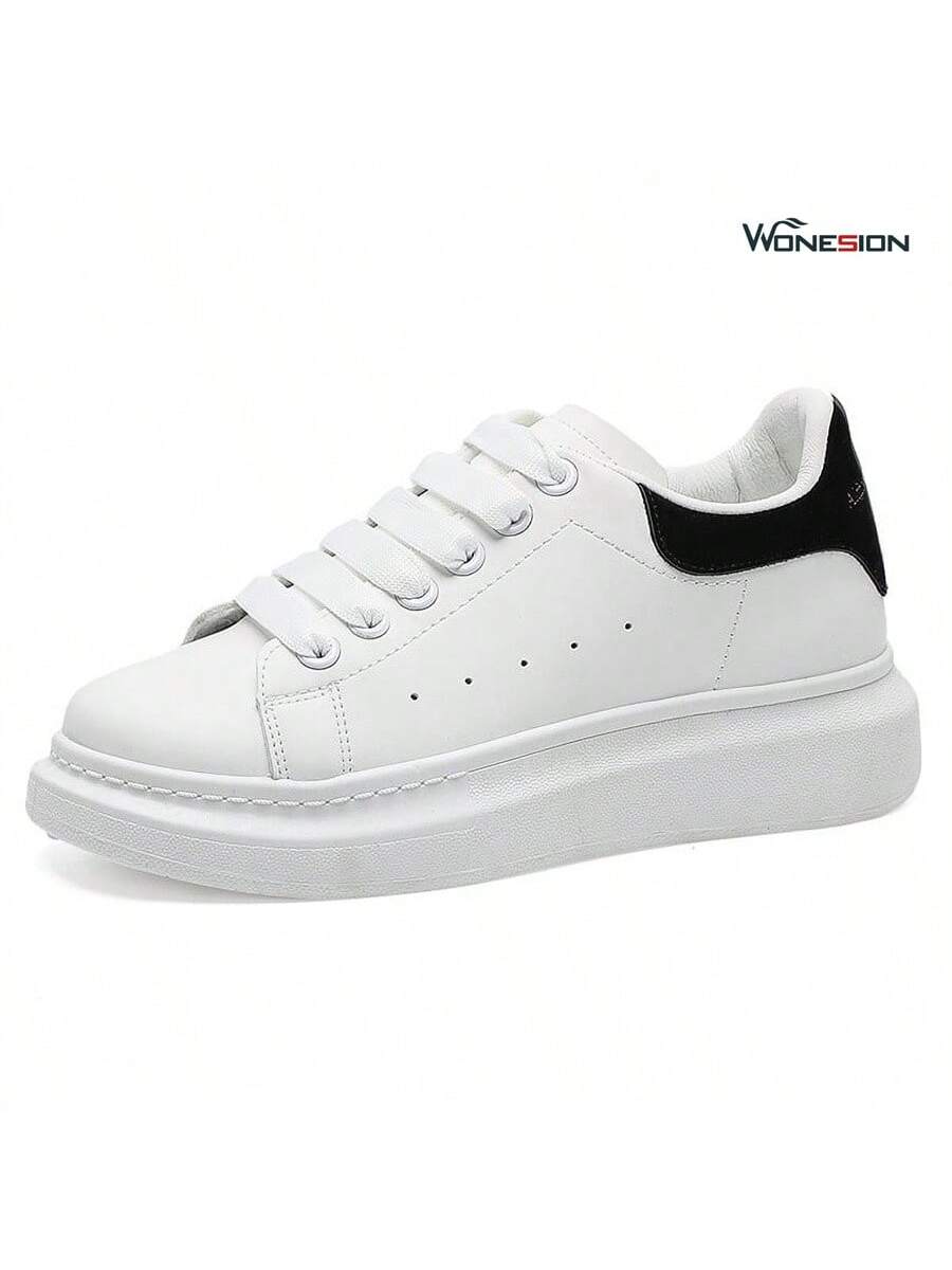 Wonesion Men Women White Shoes Unisex Breathable Lightweight Leather Lace Up Platform Oversized Sneakers Casual Couple Shoes-Black-4