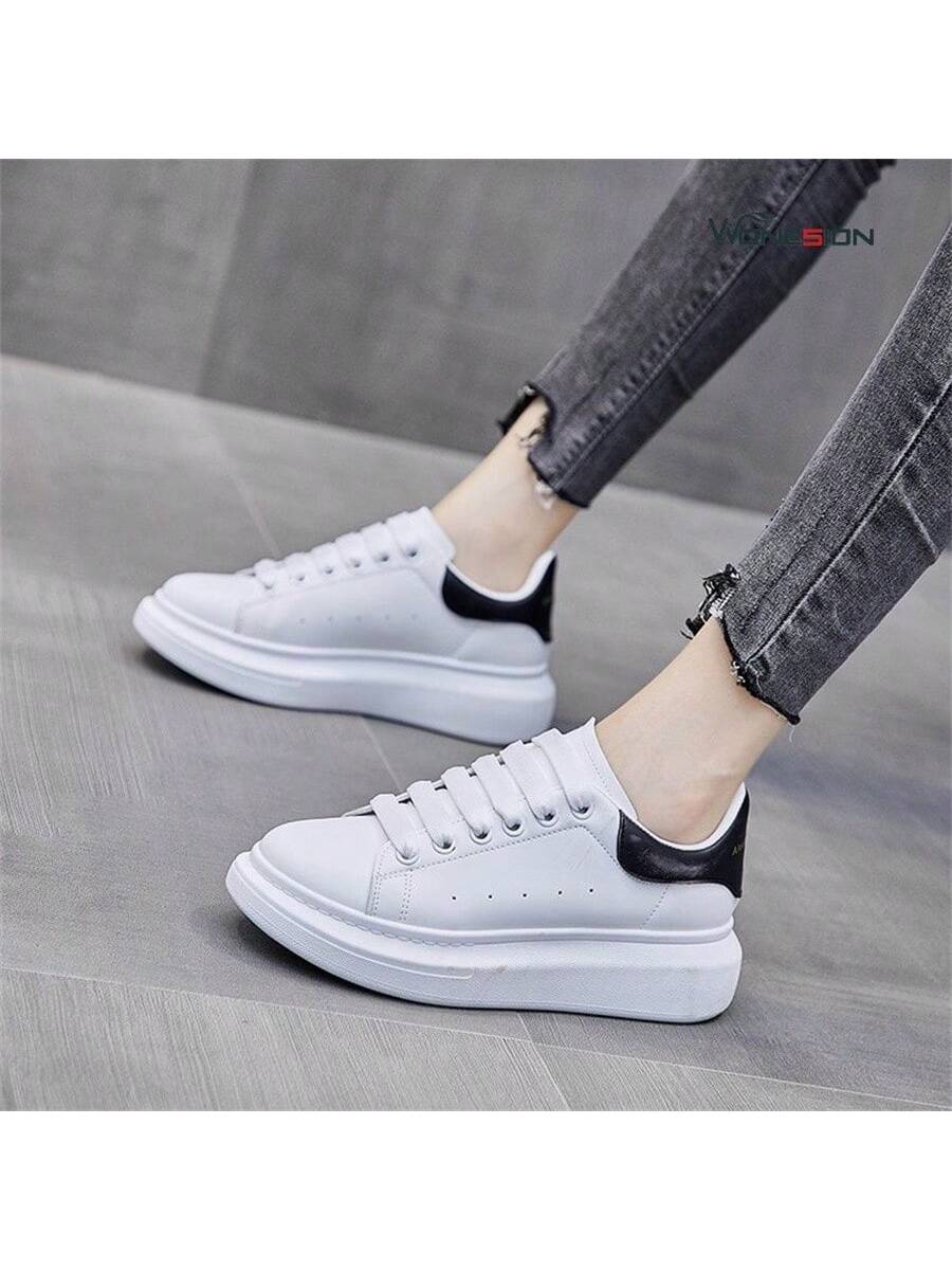Wonesion Men Women White Shoes Unisex Breathable Lightweight Leather Lace Up Platform Oversized Sneakers Casual Couple Shoes-Black-3