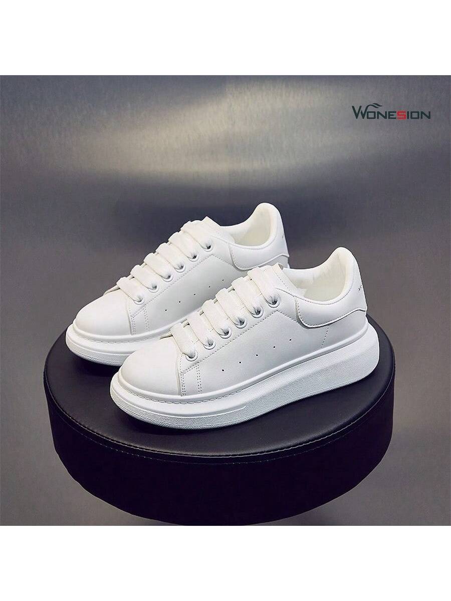 Wonesion Men Women White Shoes Unisex Breathable Lightweight Leather Lace Up Platform Oversized Sneakers Casual Couple Shoes-White-1