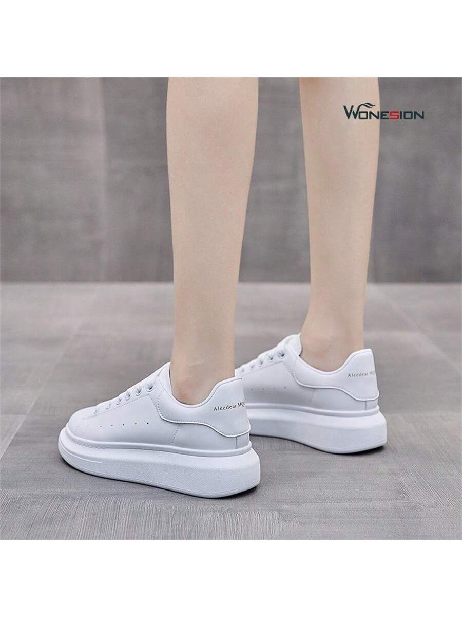 Wonesion Men Women White Shoes Unisex Breathable Lightweight Leather Lace Up Platform Oversized Sneakers Casual Couple Shoes-White-2
