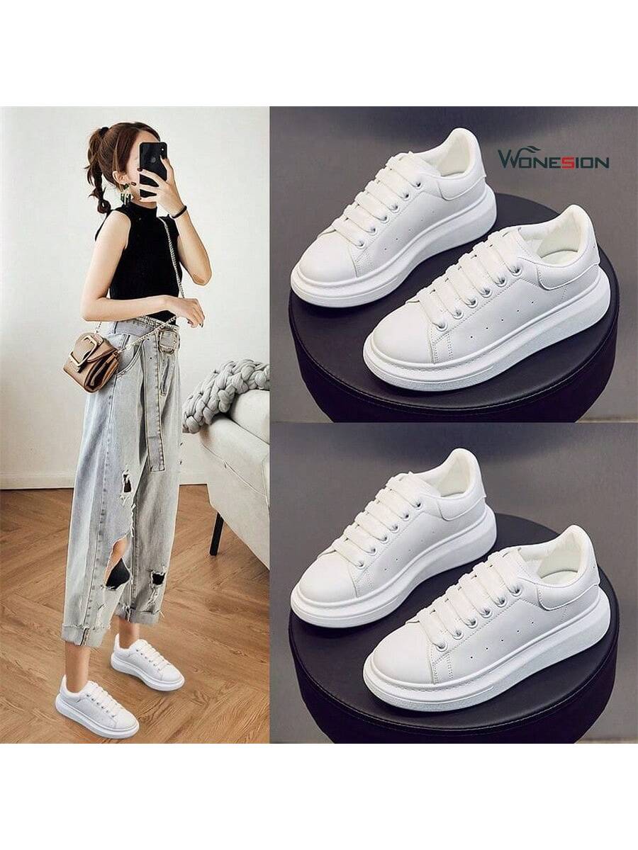Wonesion Men Women White Shoes Unisex Breathable Lightweight Leather Lace Up Platform Oversized Sneakers Casual Couple Shoes-White-3