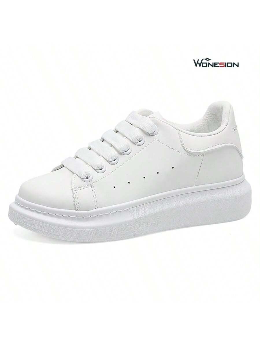Wonesion Men Women White Shoes Unisex Breathable Lightweight Leather Lace Up Platform Oversized Sneakers Casual Couple Shoes-White-4