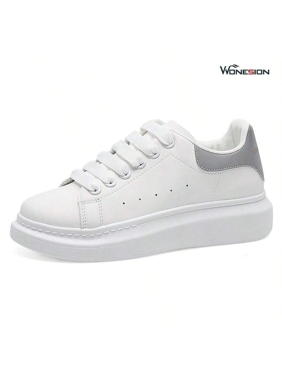 Wonesion Men Women White Shoes Unisex Breathable Lightweight Leather Lace Up Platform Oversized Sneakers Casual Couple Shoes-Silver-1