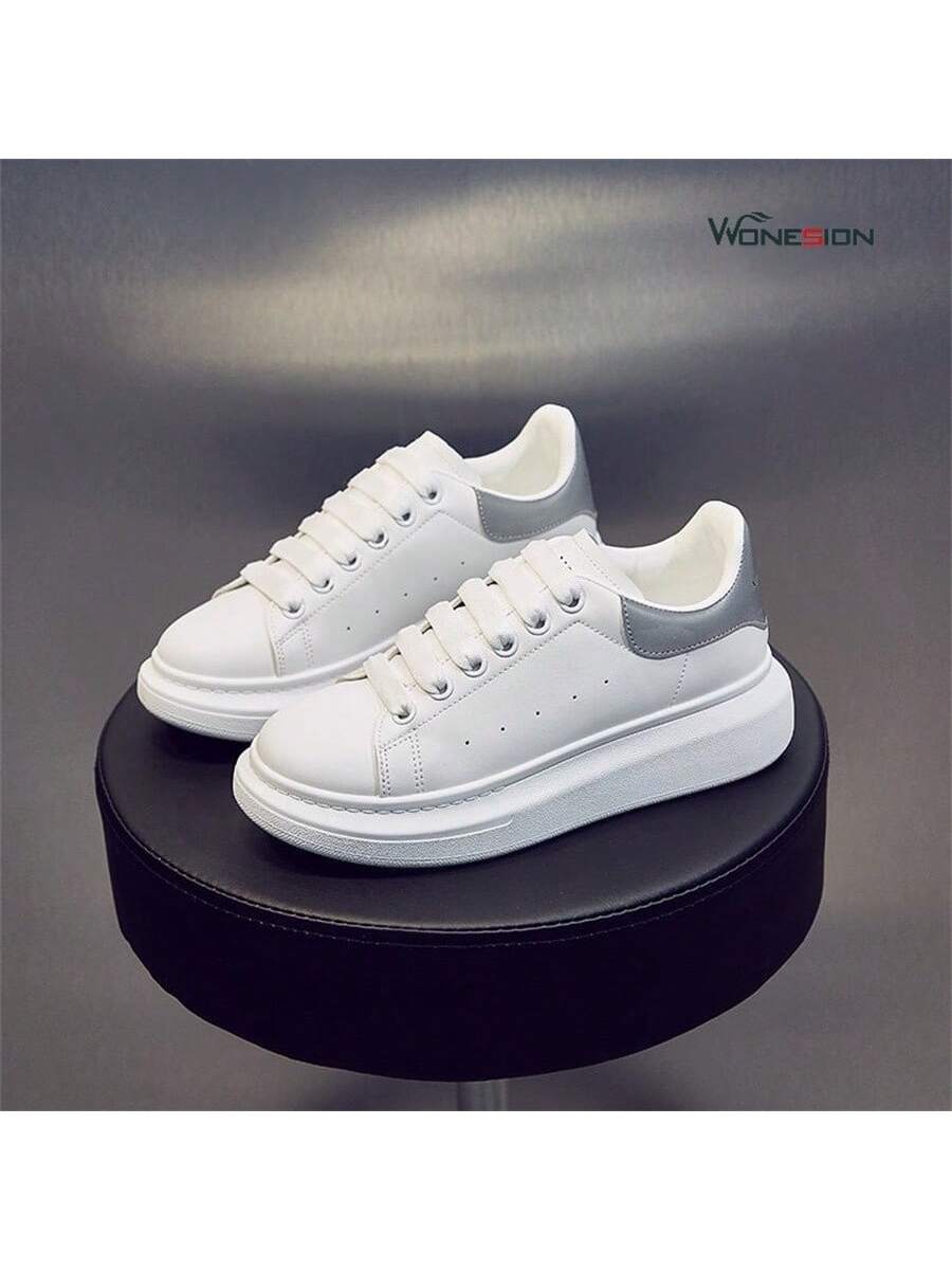 Wonesion Men Women White Shoes Unisex Breathable Lightweight Leather Lace Up Platform Oversized Sneakers Casual Couple Shoes-Grey-1