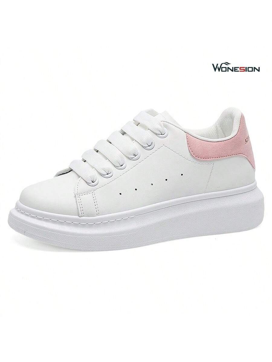 Wonesion Men Women White Shoes Unisex Breathable Lightweight Leather Lace Up Platform Oversized Sneakers Casual Couple Shoes-Pink-1