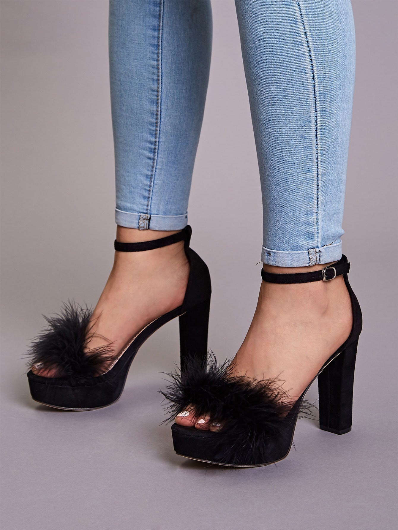 Turkey Feather Plush Ankle Strap Chunky Heels