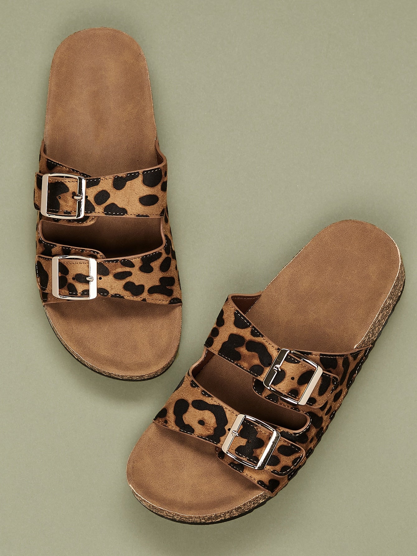 Sandalias deslizantes de moda para exteriores para mujer, sandalias con plantilla con punta abierta y hebilla de leopardo