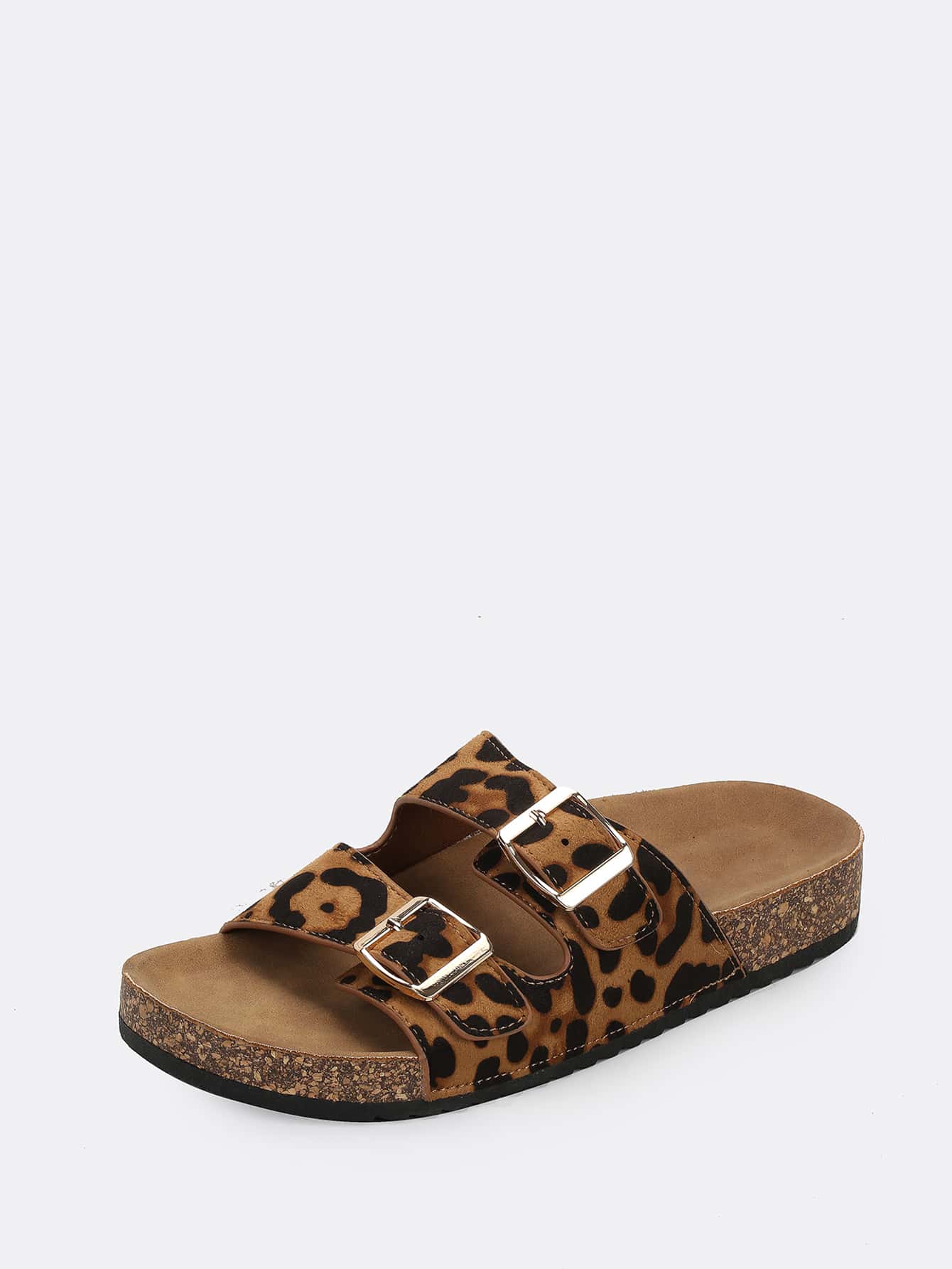 Fashionable Outdoors Slide Sandals For Women, Leopard Buckle Twin Strap Knit Open Toe Footbed Sandals