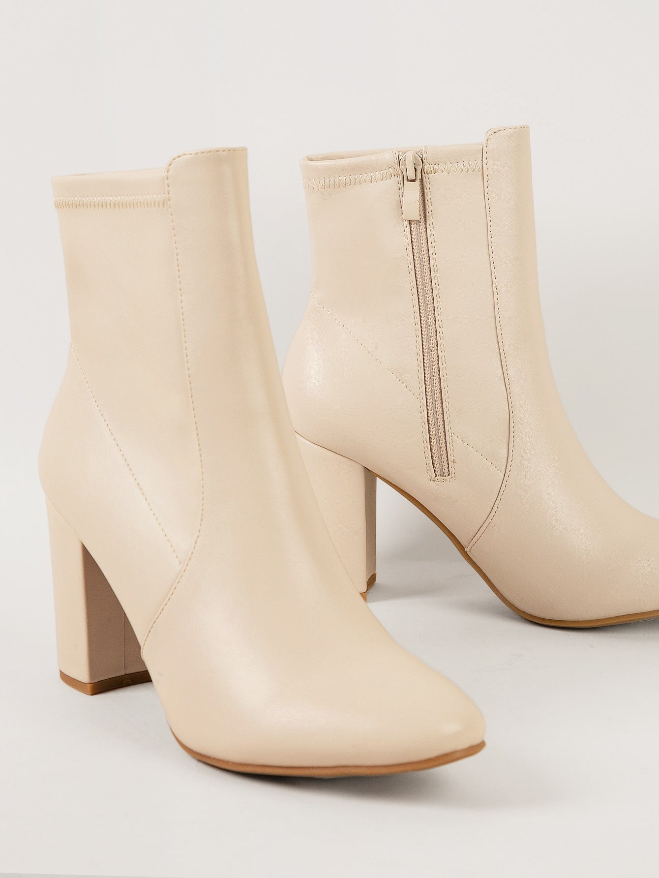 Faux Leather Above Ankle Block Heel Booties-Beige-2
