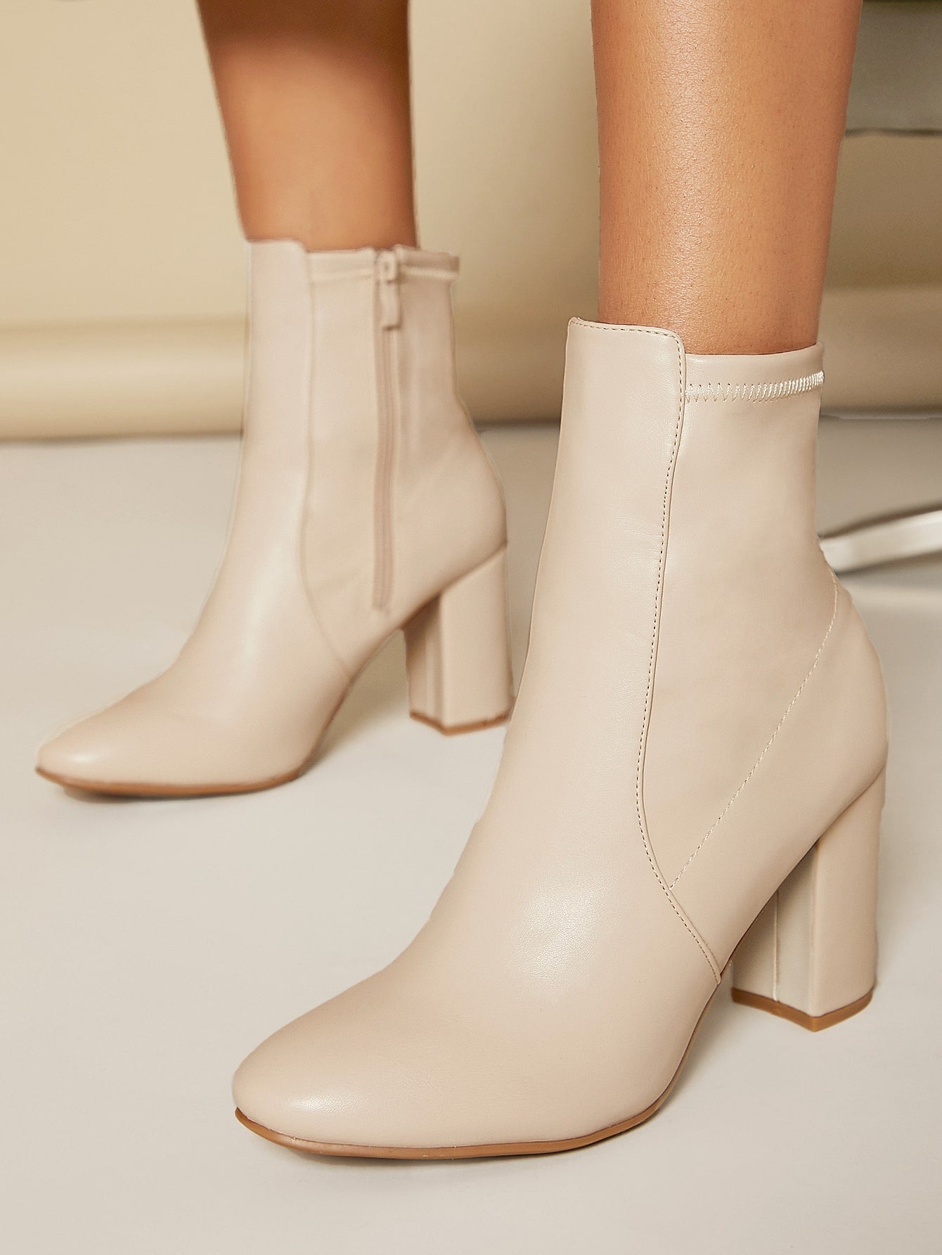 Faux Leather Above Ankle Block Heel Booties-Beige-1