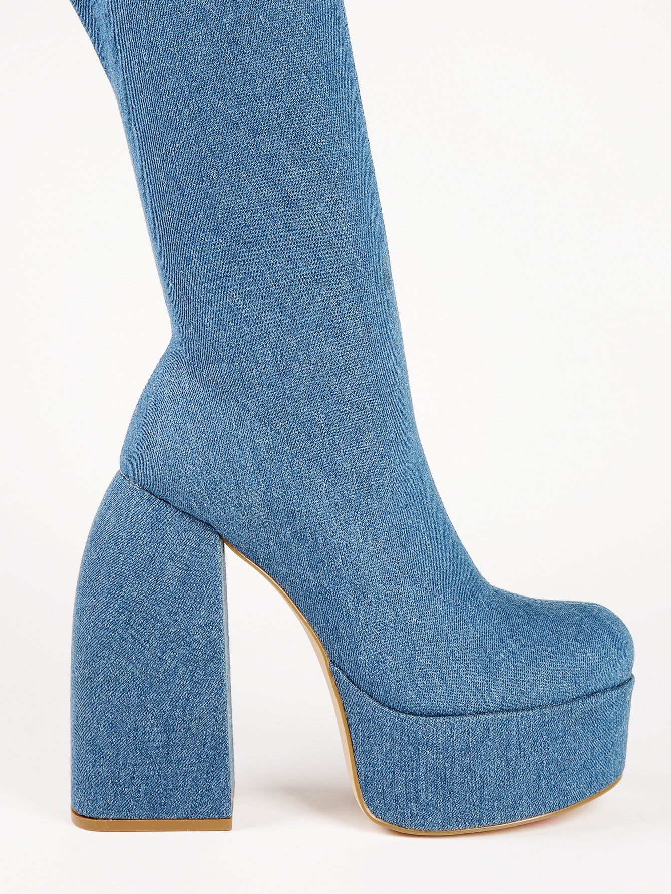 Denim Platform Knee High Block Heel Boots-Blue-2