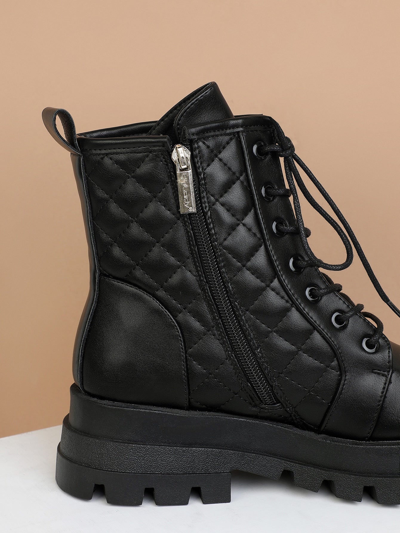 Quilted Detail Lace-up Front Combat Boots
