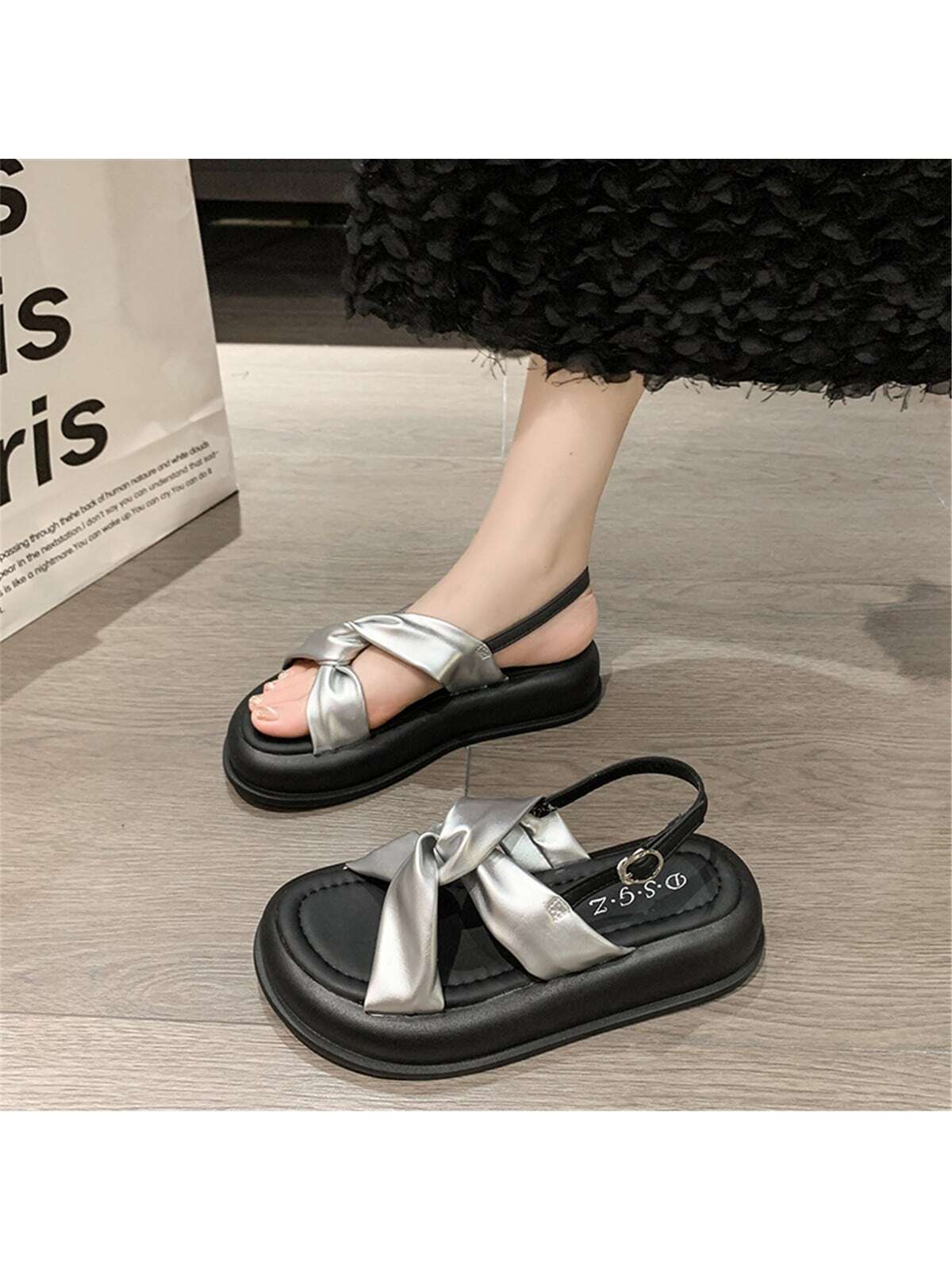 1pair Cross Strap Sandals With Ankle Strap And Thick Sole, For Beaches-Silver-1