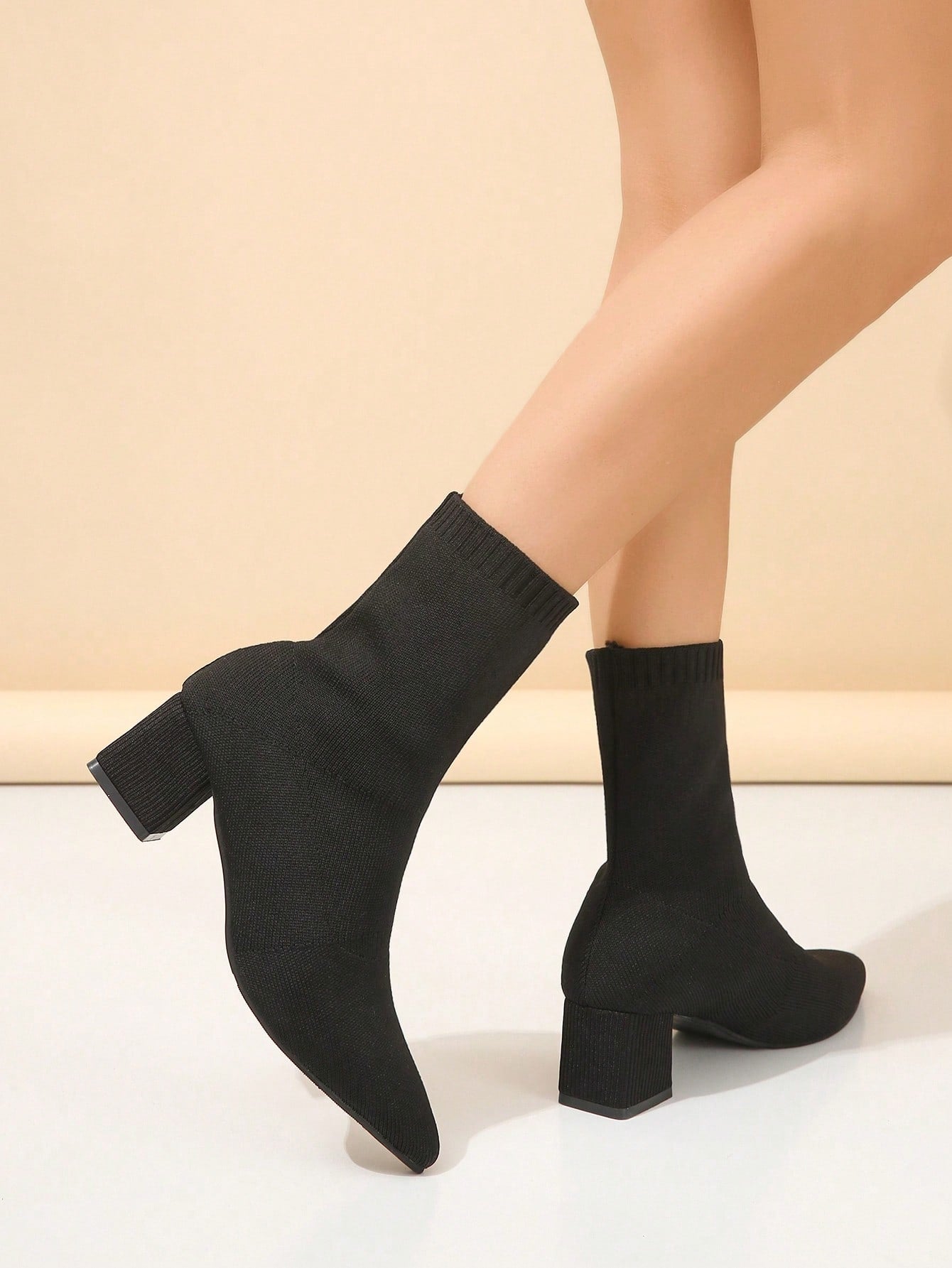 Women's Fashionable Chunky Heel Sock Boots-Black-2