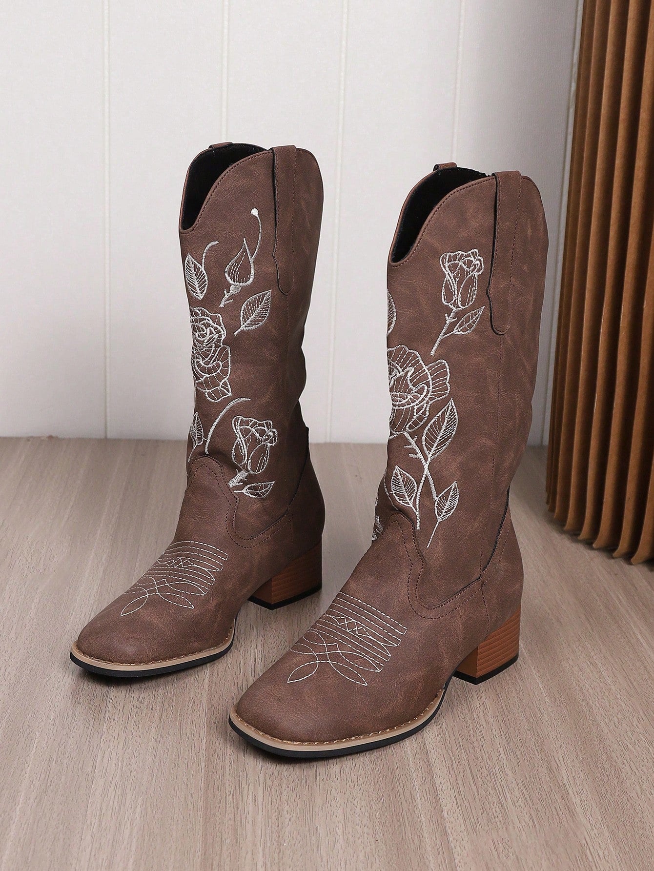 Fairycore Women Floral Embroidered Chunky Heeled Western Boots, Cool Outdoor Fashion Boots-Coffee Brown-7