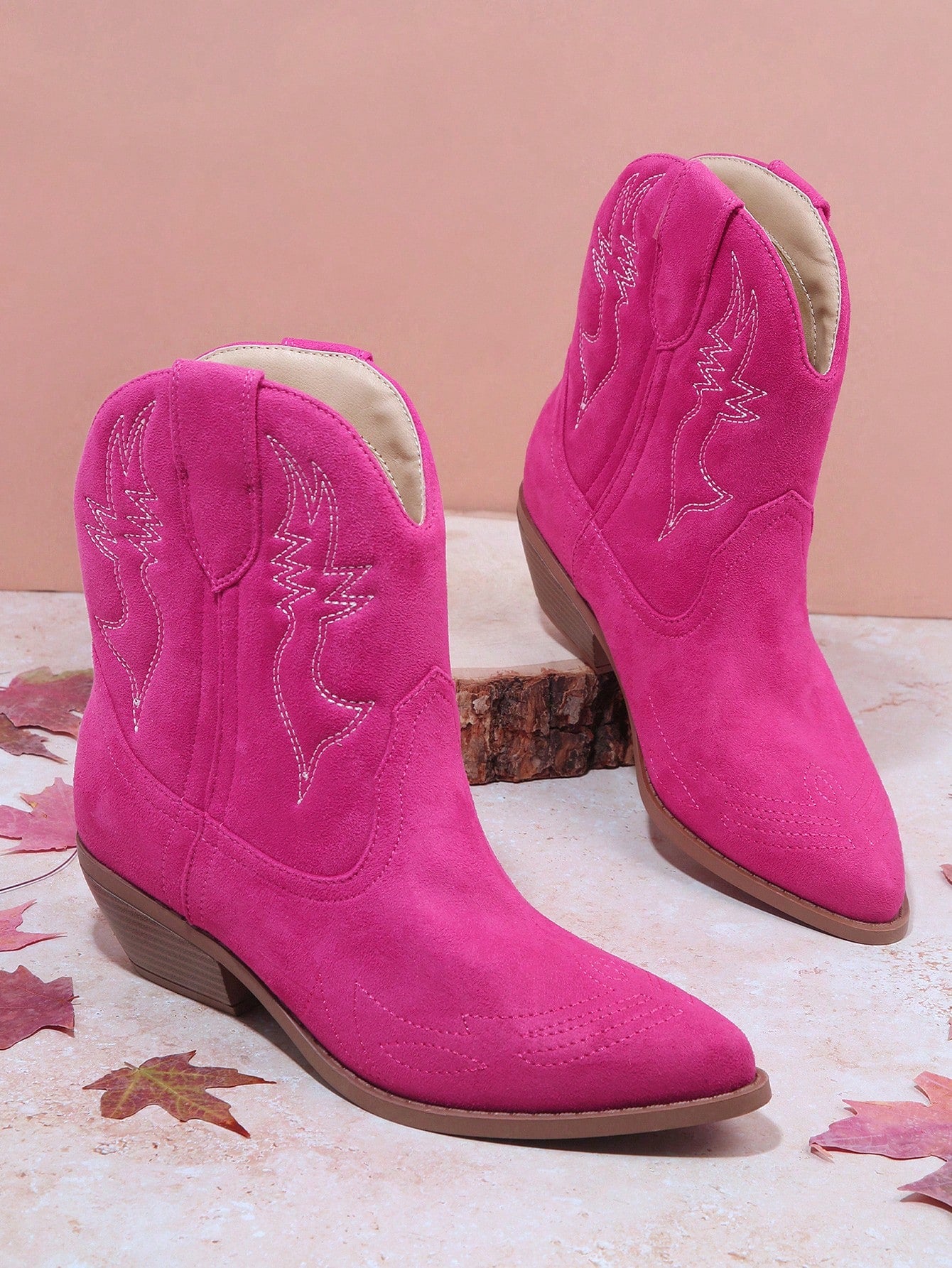 Embroidery Detail Slip On Western Boots-Red Violet-2