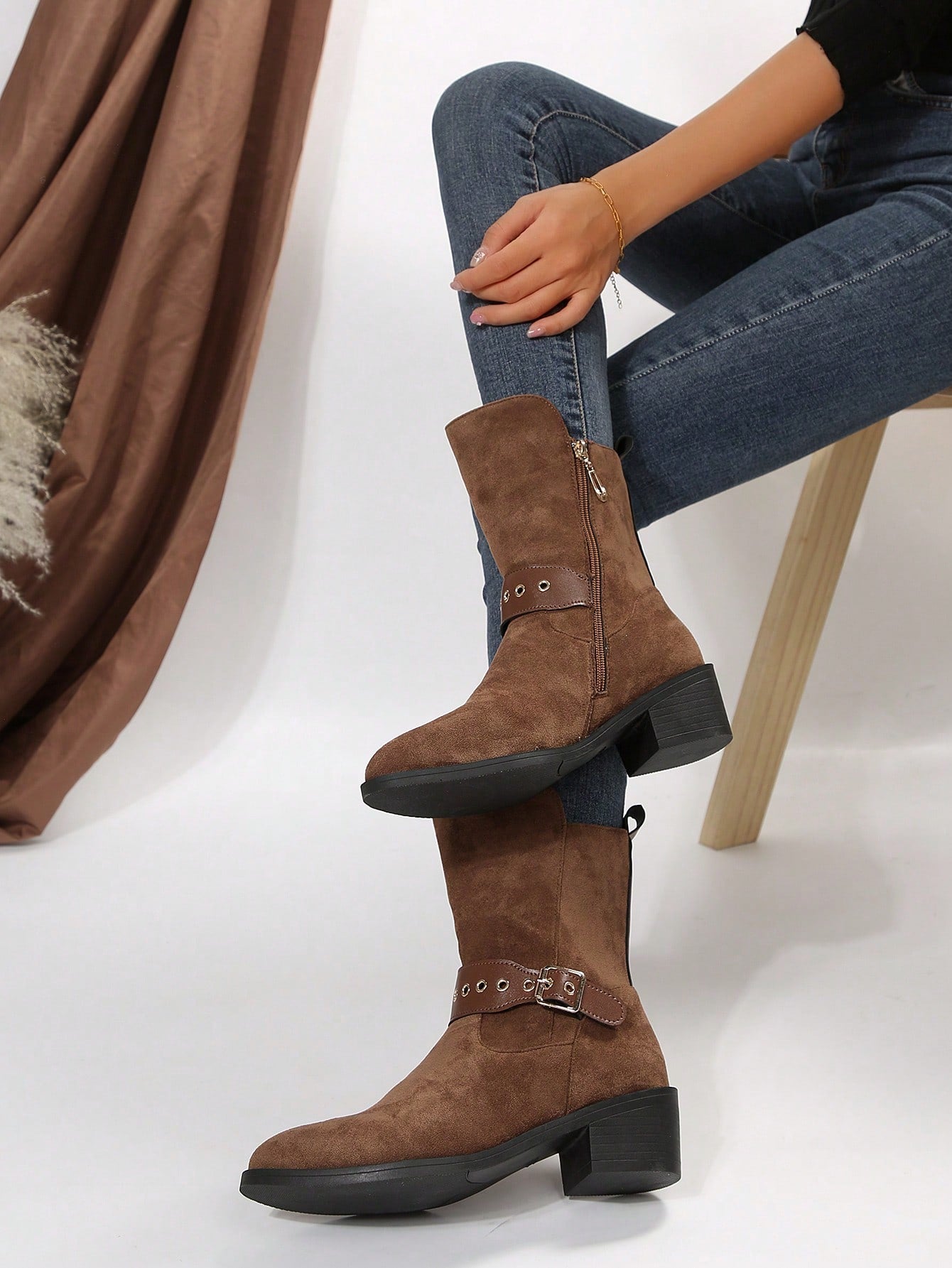 Chunky Heel Mid-calf Knight Boots For Women, New Vintage Suede Western Style Fashion Boots, Spring And Autumn-Brown-3