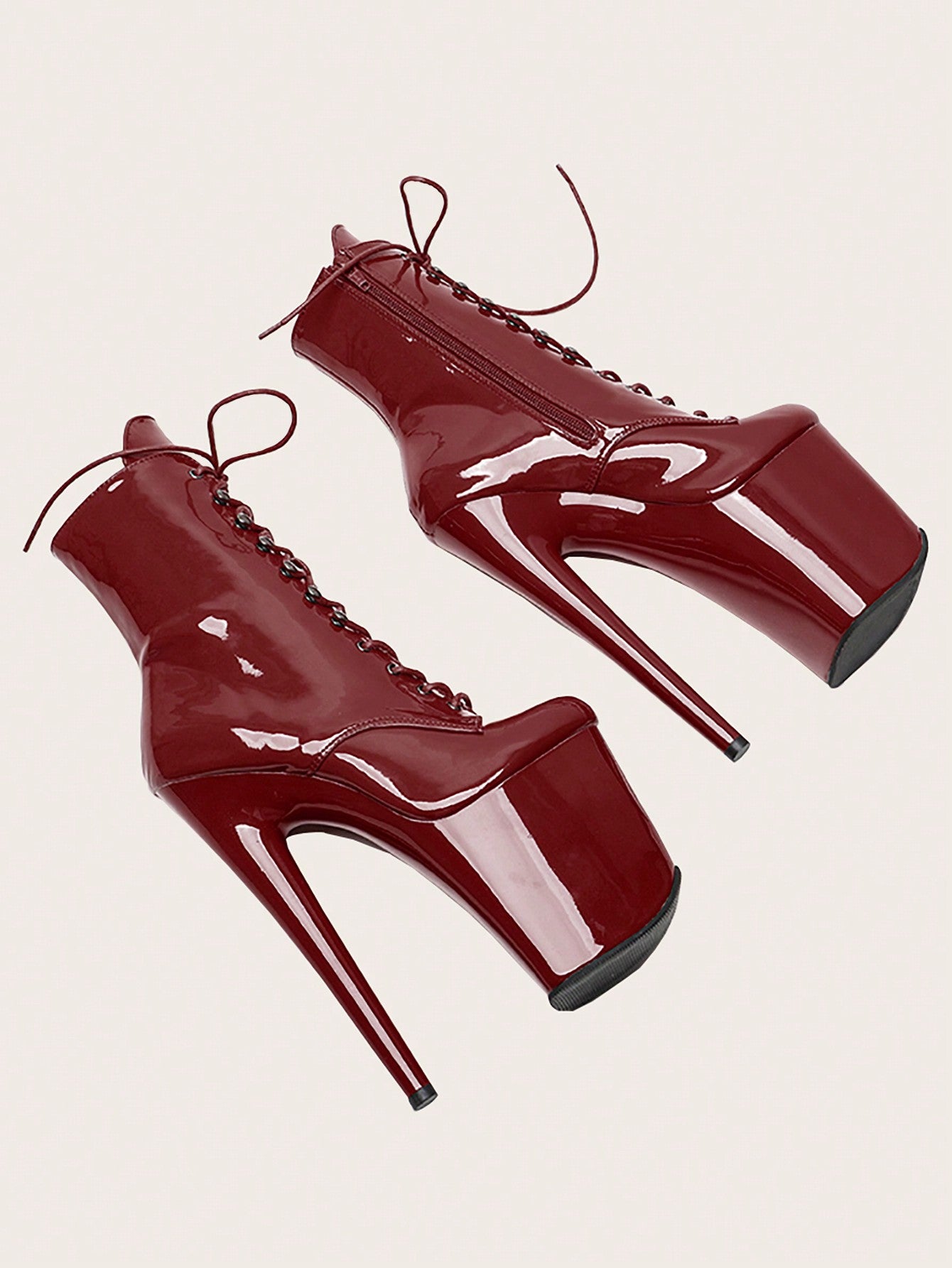 1 Pair Of 8-inch High-heeled Mirror Pu Leather Ankle Boots With Waterproof Platform, Band Decoration, Preventing Slippery, Suitable For Nightclubs, Steel Dance Performances, Modeling Shows And Other Occasions-Burgundy-2