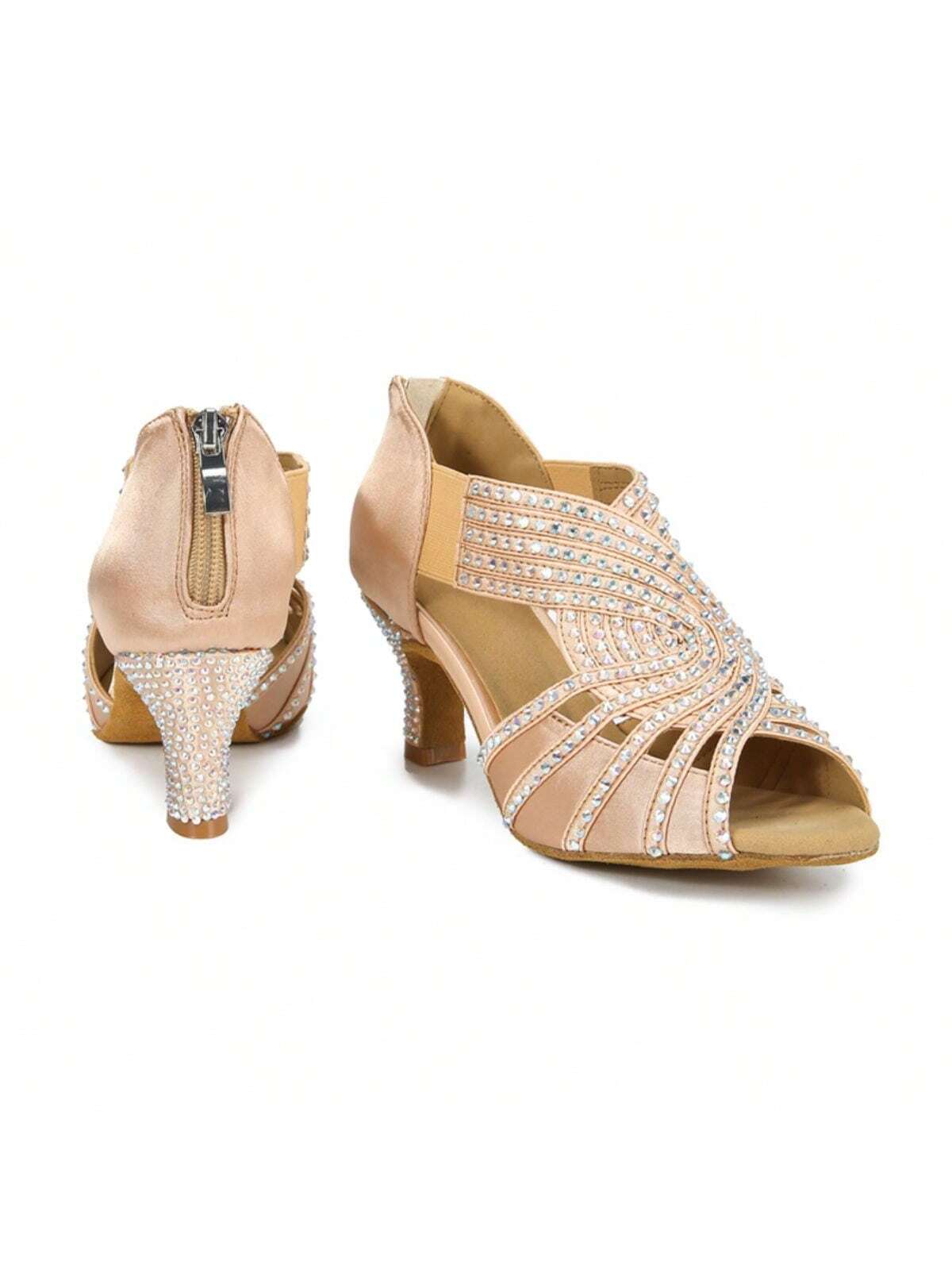 1 Pair Apricot Diamond-studded Satin Fashionable Comfortable Mid-heel Latin Dance Tango Dance Social Dance Shoes-Apricot-7