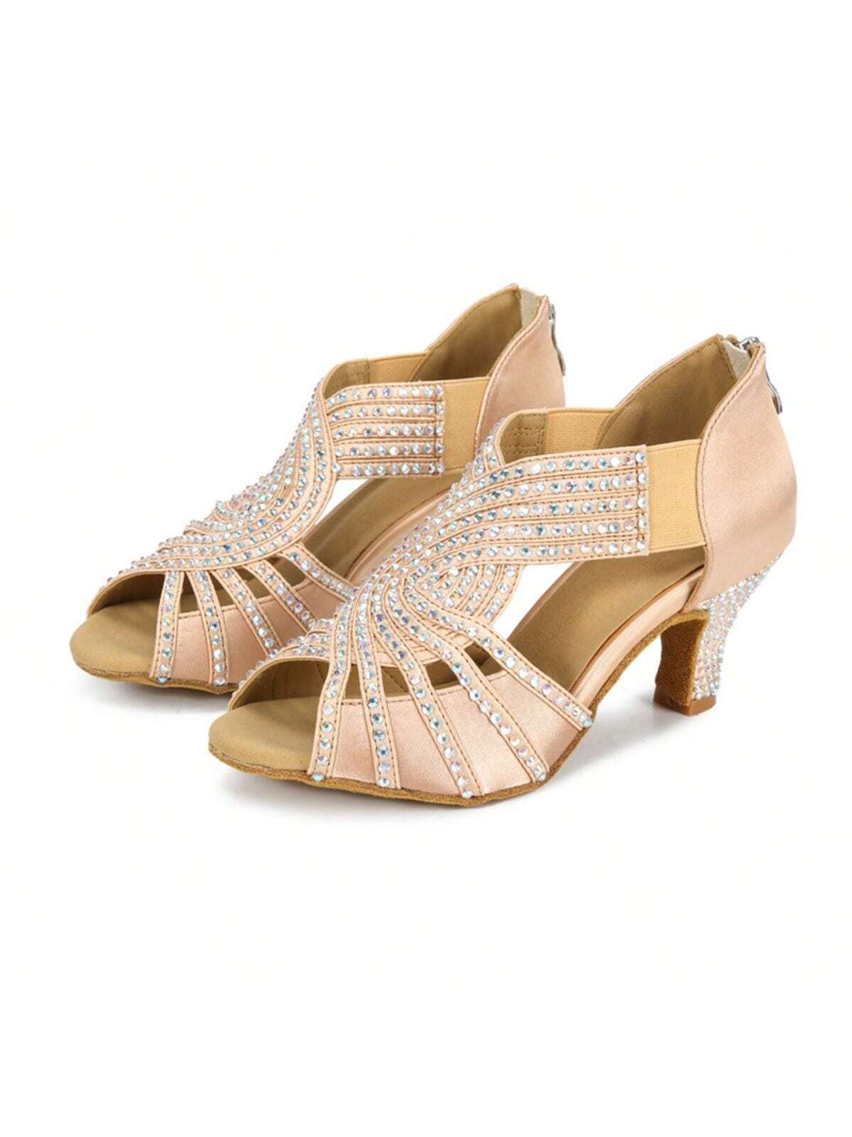 1 Pair Apricot Diamond-studded Satin Fashionable Comfortable Mid-heel Latin Dance Tango Dance Social Dance Shoes-Apricot-4