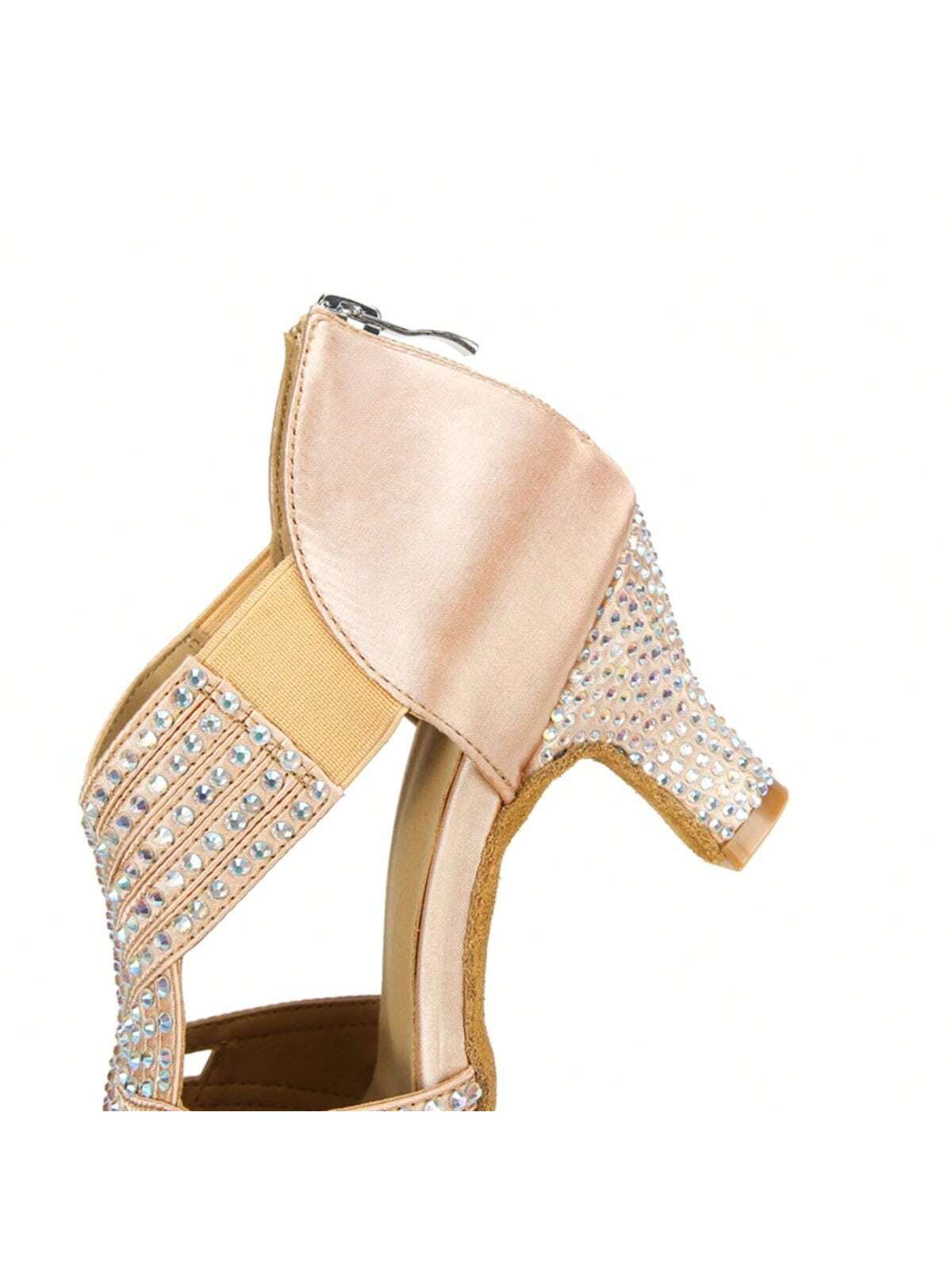 1 Pair Apricot Diamond-studded Satin Fashionable Comfortable Mid-heel Latin Dance Tango Dance Social Dance Shoes-Apricot-9