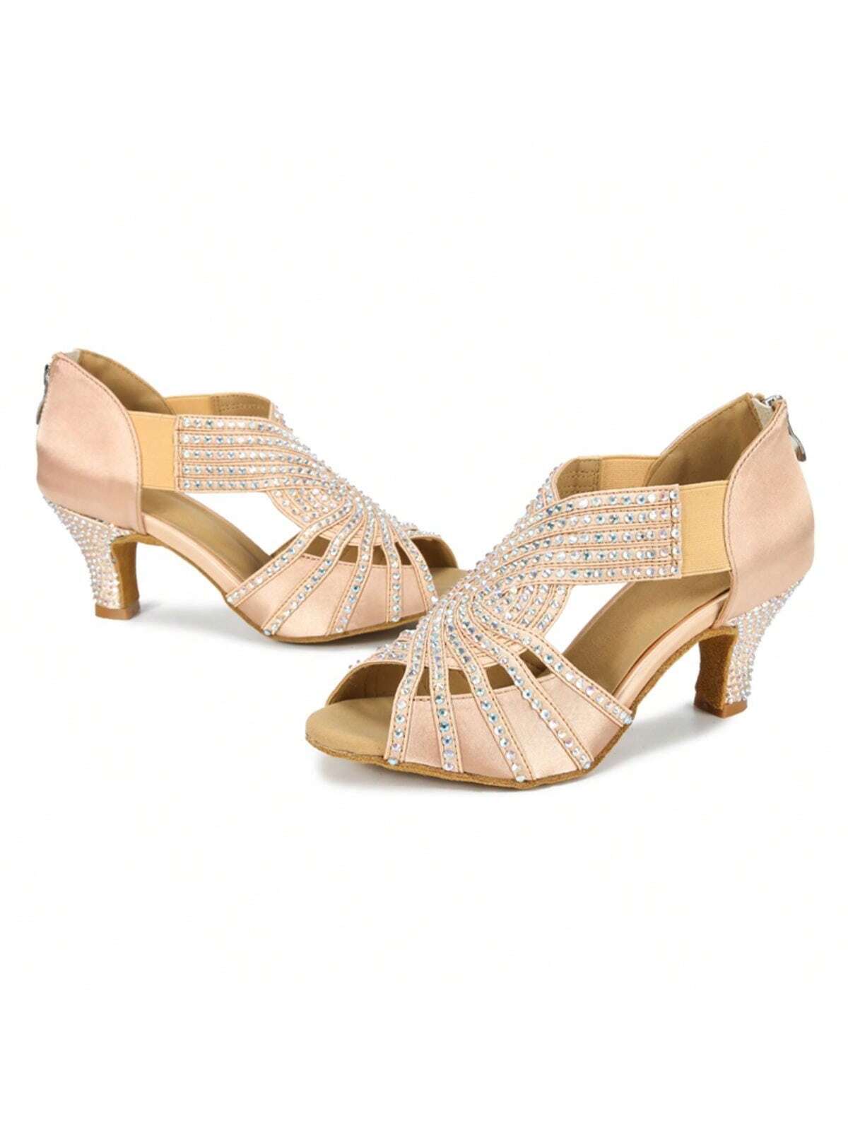 1 Pair Apricot Diamond-studded Satin Fashionable Comfortable Mid-heel Latin Dance Tango Dance Social Dance Shoes-Apricot-5