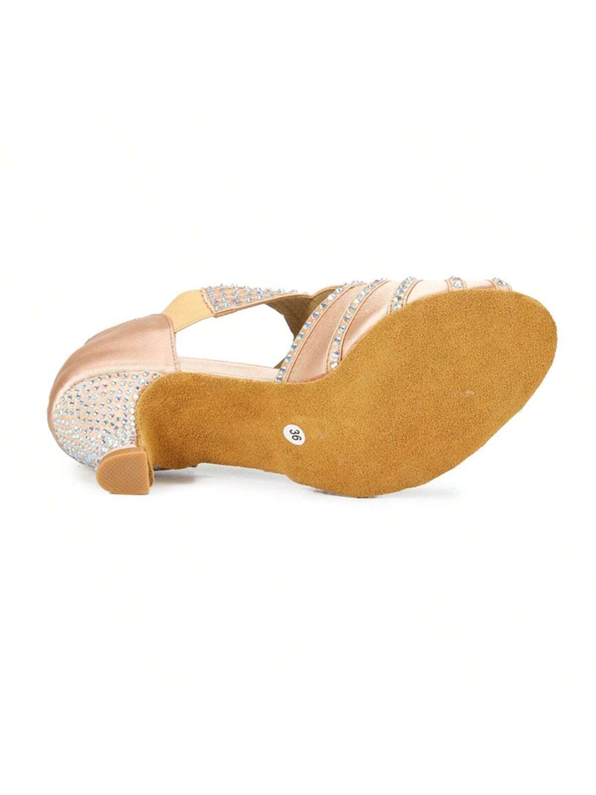 1 Pair Apricot Diamond-studded Satin Fashionable Comfortable Mid-heel Latin Dance Tango Dance Social Dance Shoes-Apricot-3