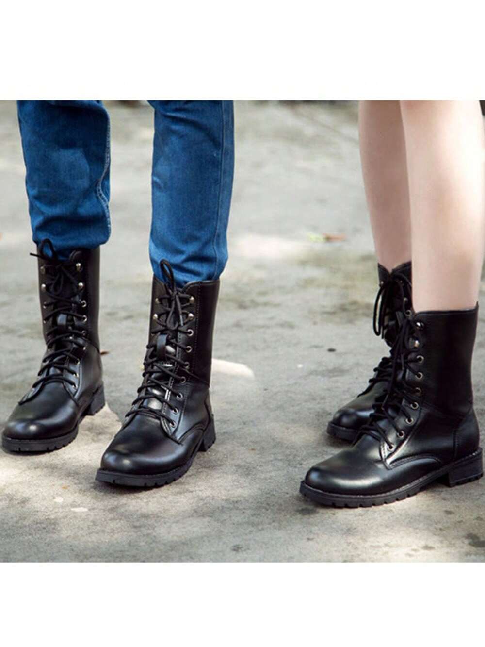 1 Pair Fashionable British-Style Mid-Heel Boots With Laces For Men And Women, Motorcycle Boots-Black-5