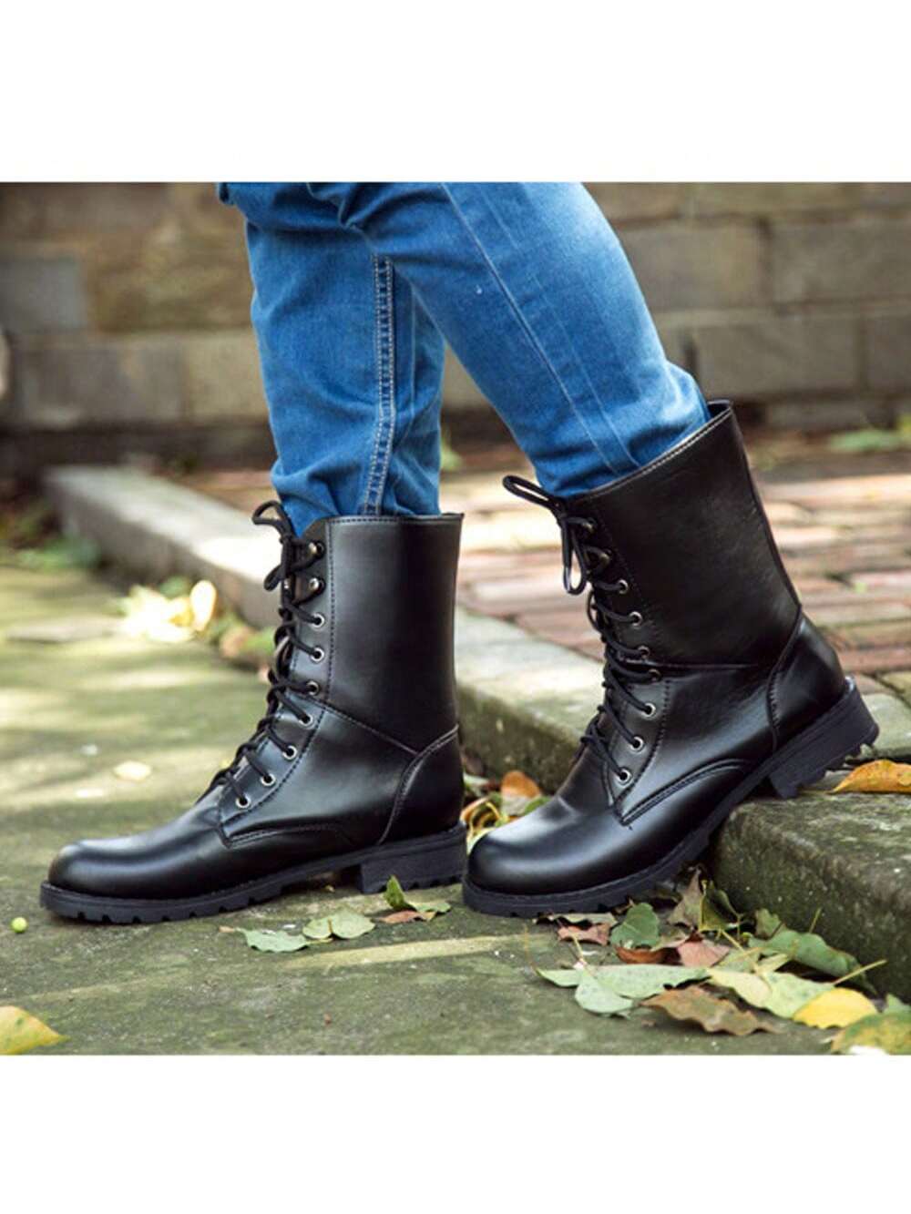 1 Pair Fashionable British-Style Mid-Heel Boots With Laces For Men And Women, Motorcycle Boots-Black-4