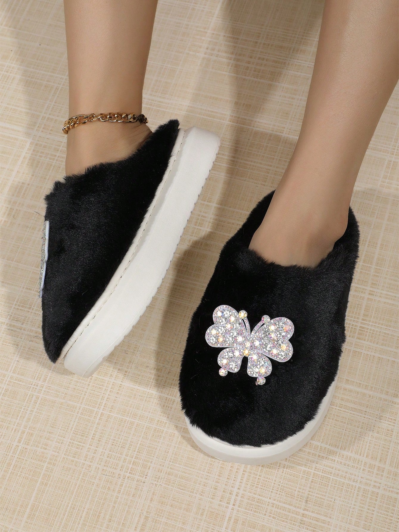 'S Autumn/Winter Warm Home Slippers With Butterfly Decoration, Plush & Thickened-Black-4