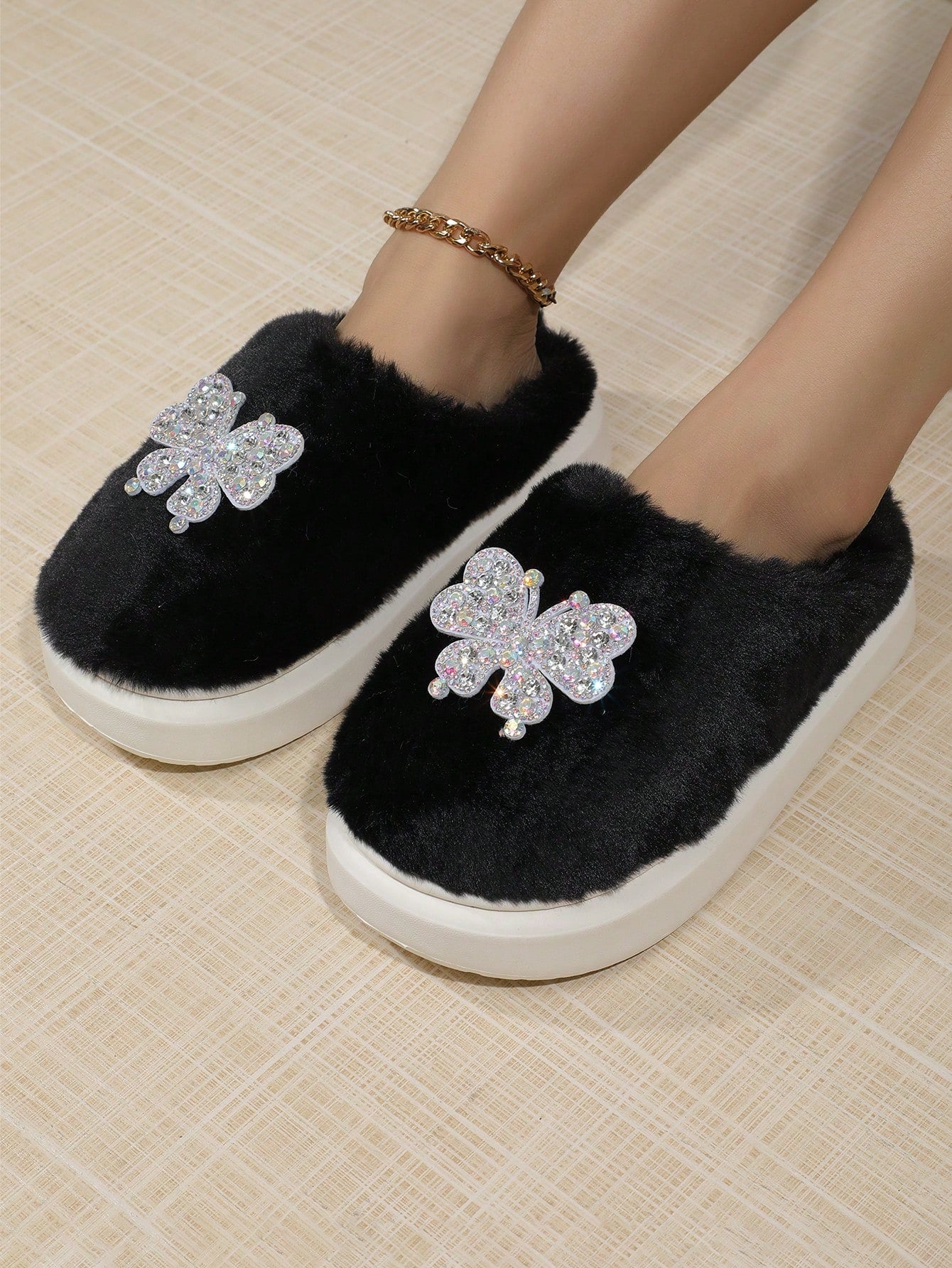 'S Autumn/Winter Warm Home Slippers With Butterfly Decoration, Plush & Thickened-Black-5