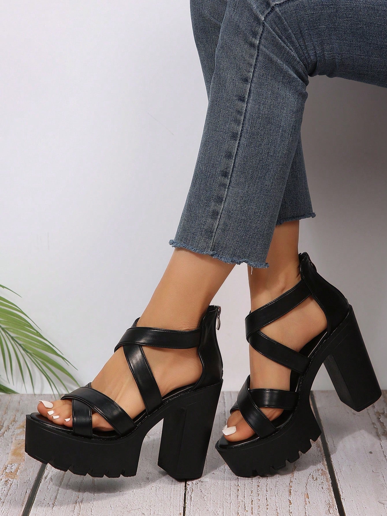 11.6cm High Heel Fish Mouth Roman Sandals For Women, Zipper Detail, Waterproof Platform, Summer New Arrival-Black-1